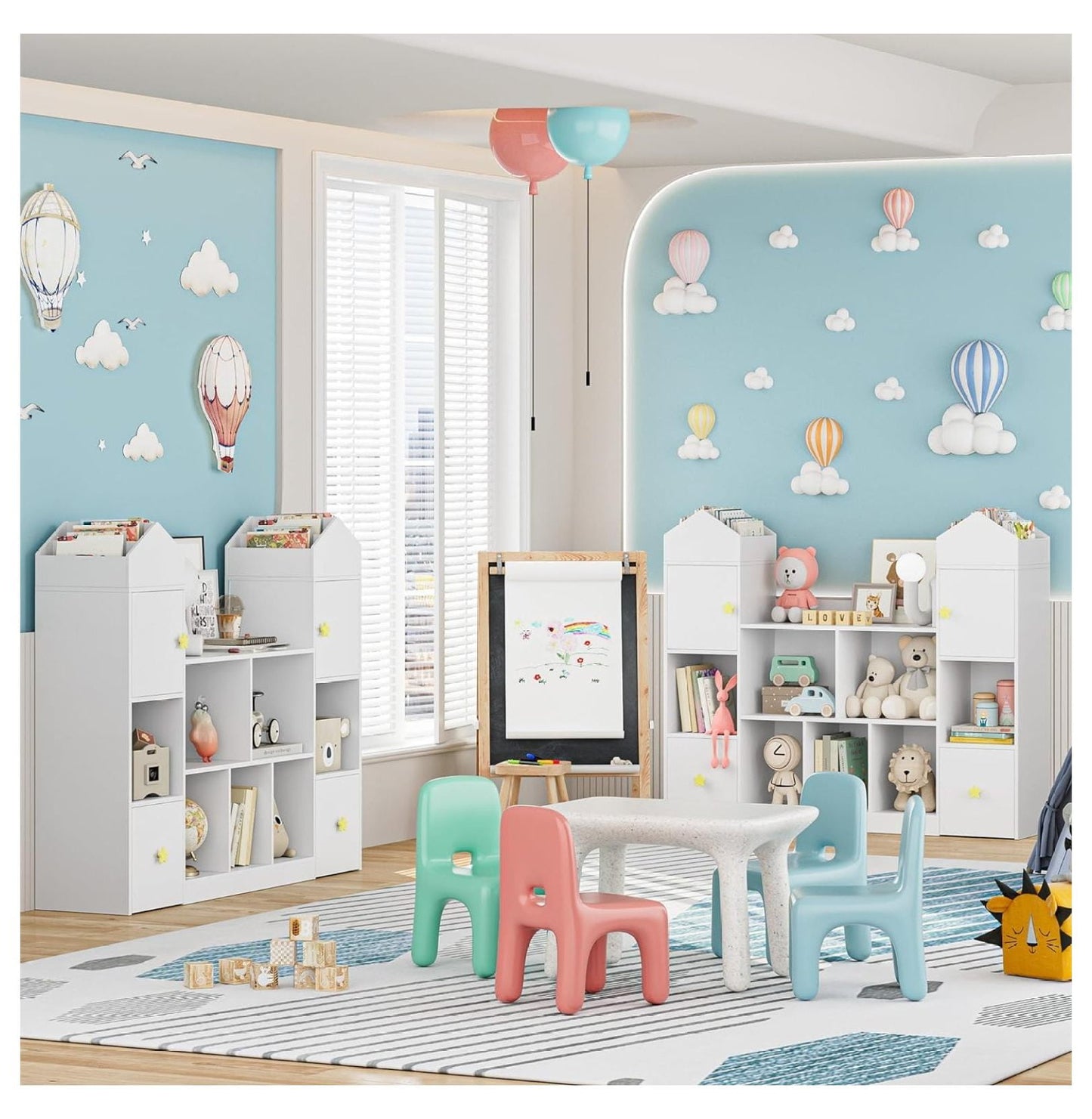 54.5' Toy Storage Organizer, Toy Organizers and Storage Toy Chest with 9 Storage Cubbies and 2 Moveable Drawers, Kids Bookshelf Kids Bookcase with Hidden Wheels for Playroom Bedroom