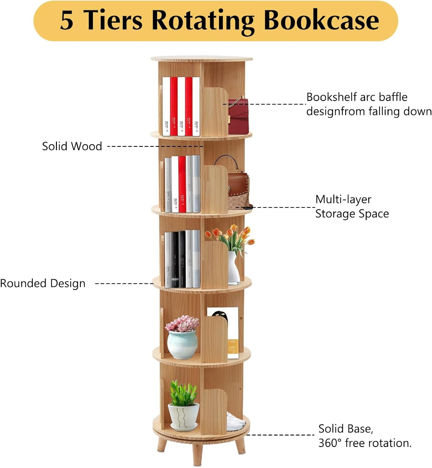 5 Tiers Rotating Bookshelf 360 Display Book Shelf,Wood Narrow Bookshelf Organizer, Multi-Functional Floor Stand Storage Rack