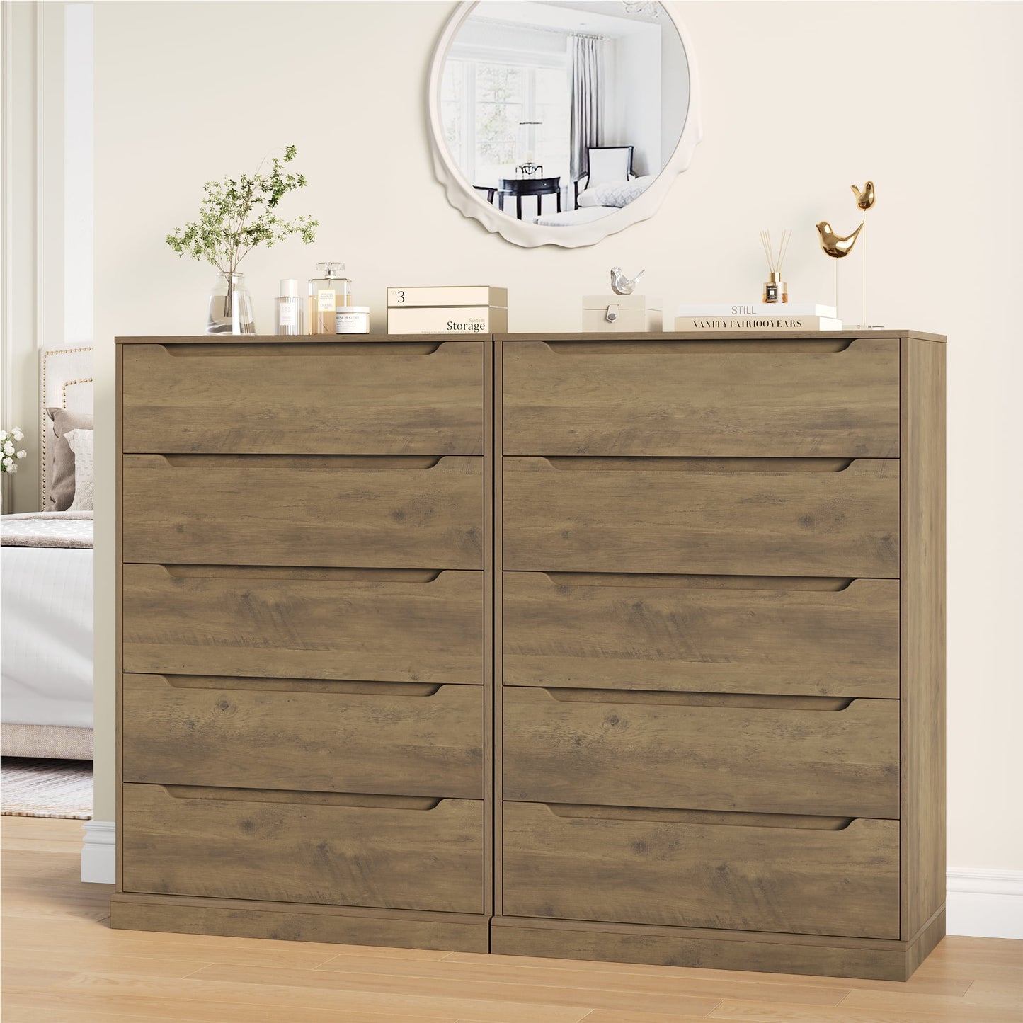 Homfa Vertical 5 Drawer Dresser, Wood Storage Cabinet with Upgraded Stable Base for Bedroom Living Room, Rustic Brown