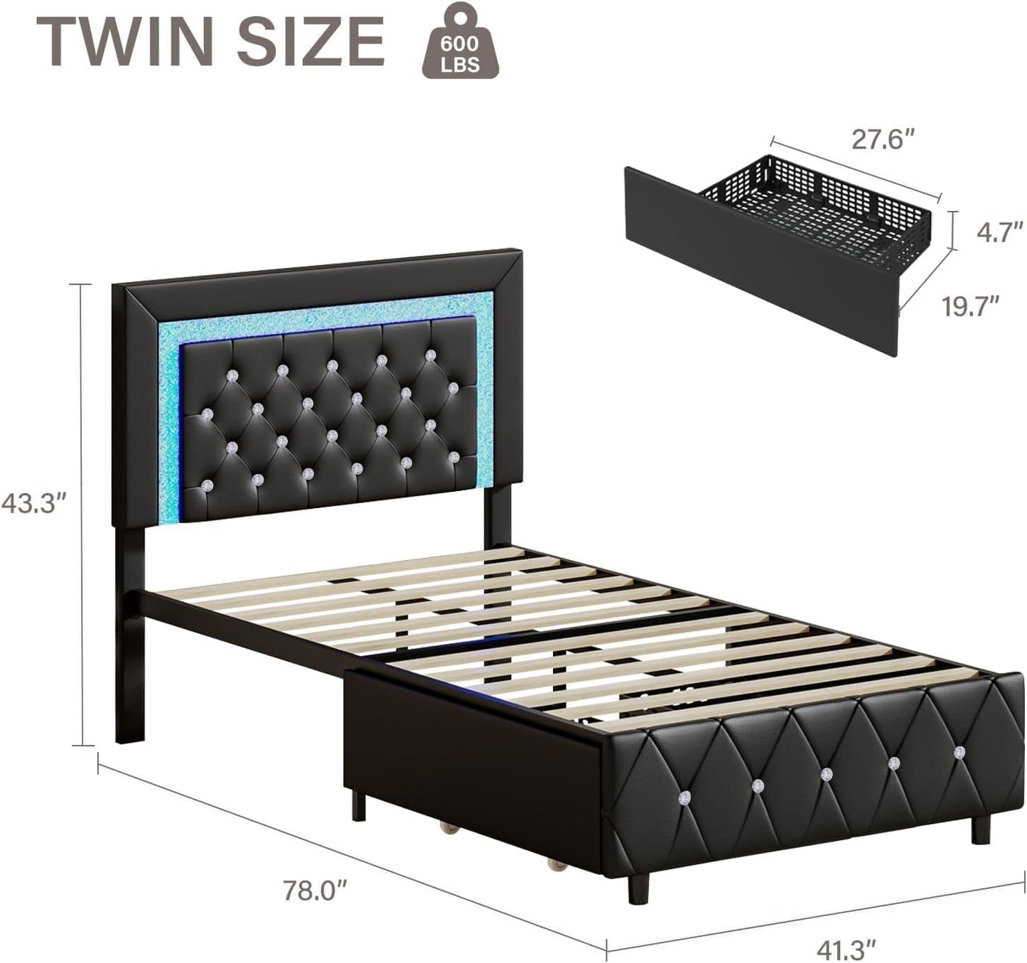 4 EVER WINNER Twin Size LED Bed Frame, Black Twin Bed Frame with LED Light Headboard, 2 Storage Drawers Upholstered Platform Bed Frame, Black