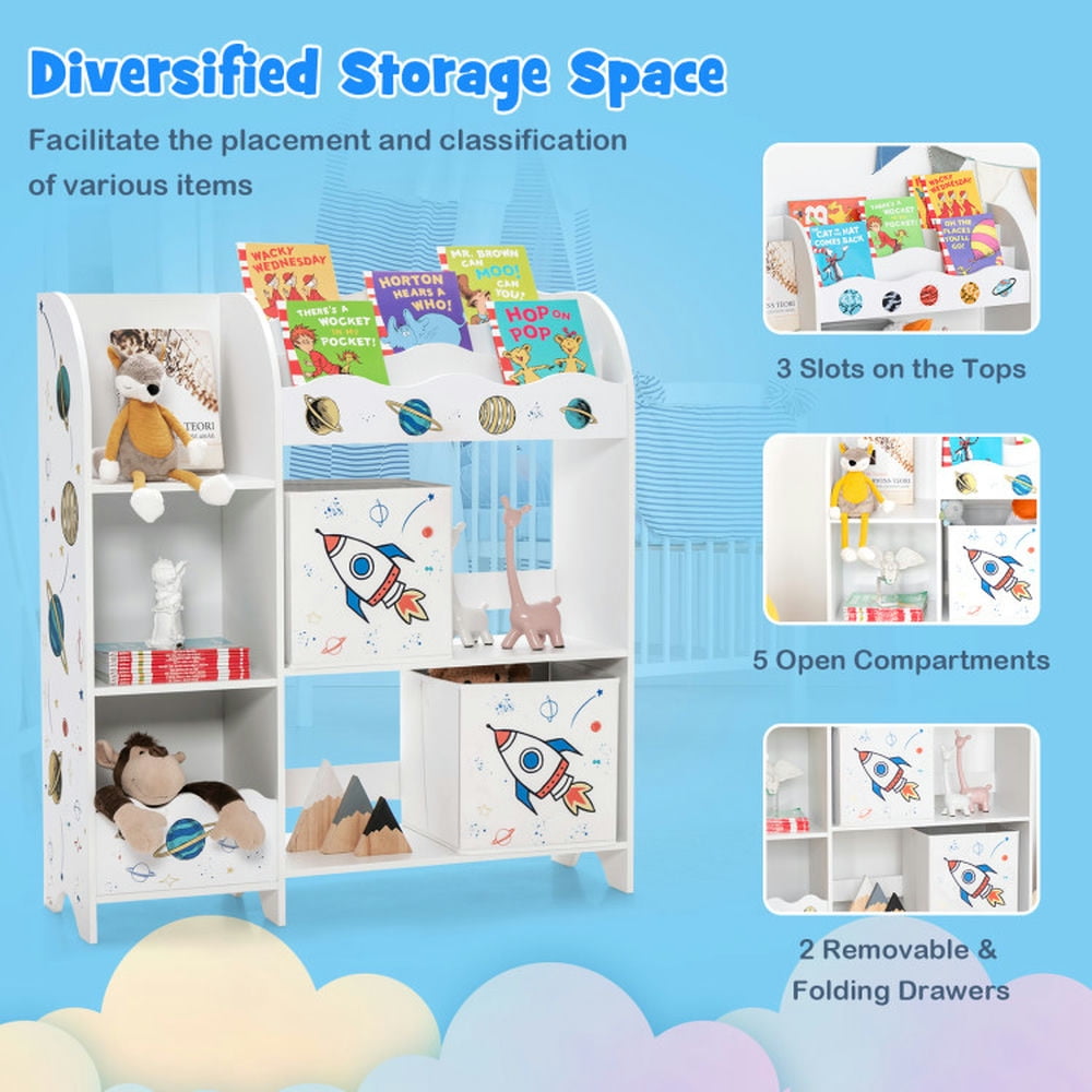 GVN Wooden Children Storage Cabinet with Storage Bins-Rocket Pattern, Toy Organizers and Storage for Kids, Boys, Girls, Nursery