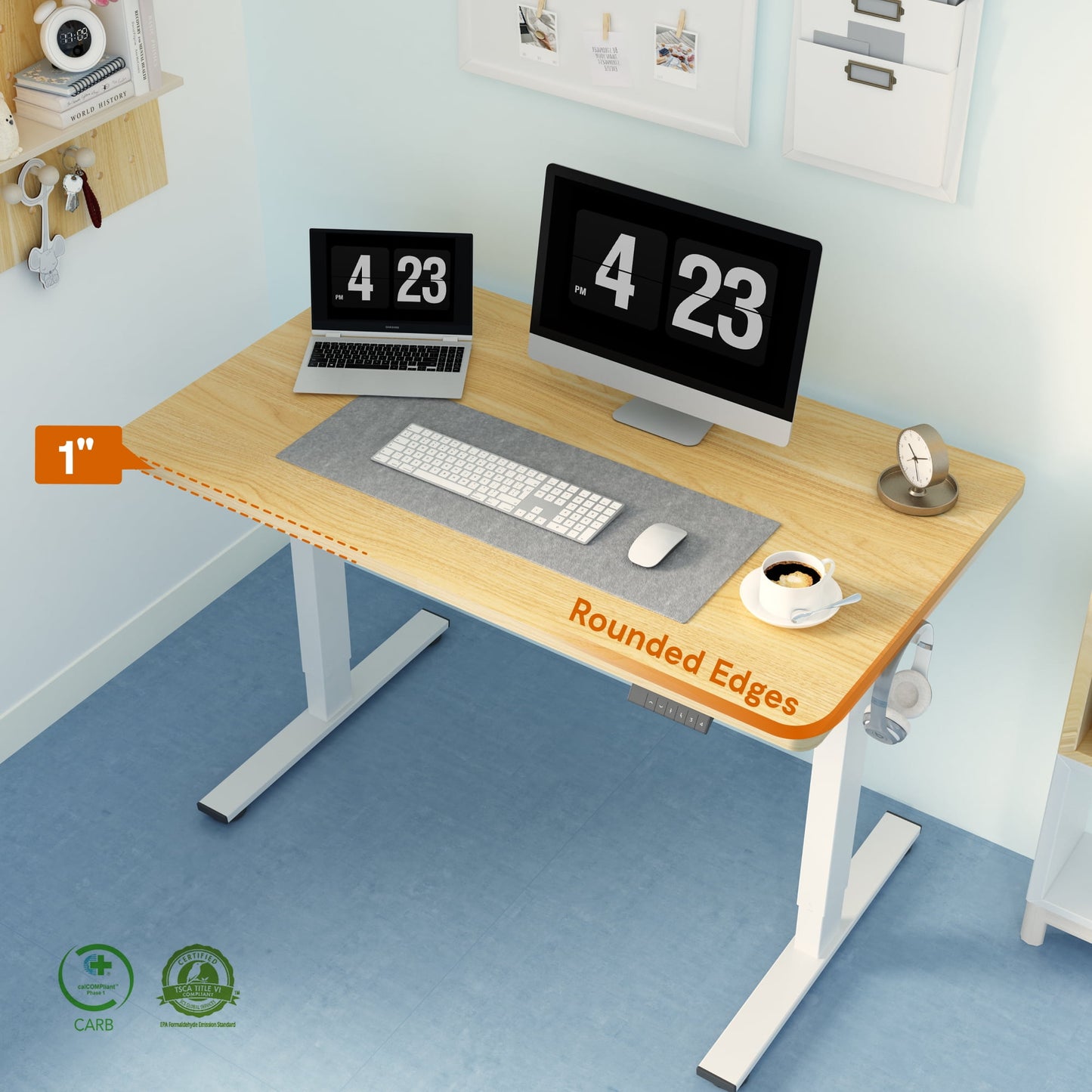 ACTIVESIT 48in x30in Home Office Height Adjustable Standing Desk with Hooks, Ergonomic Electric 2-Stage Stand Up Computer Desk, White and Mahogany