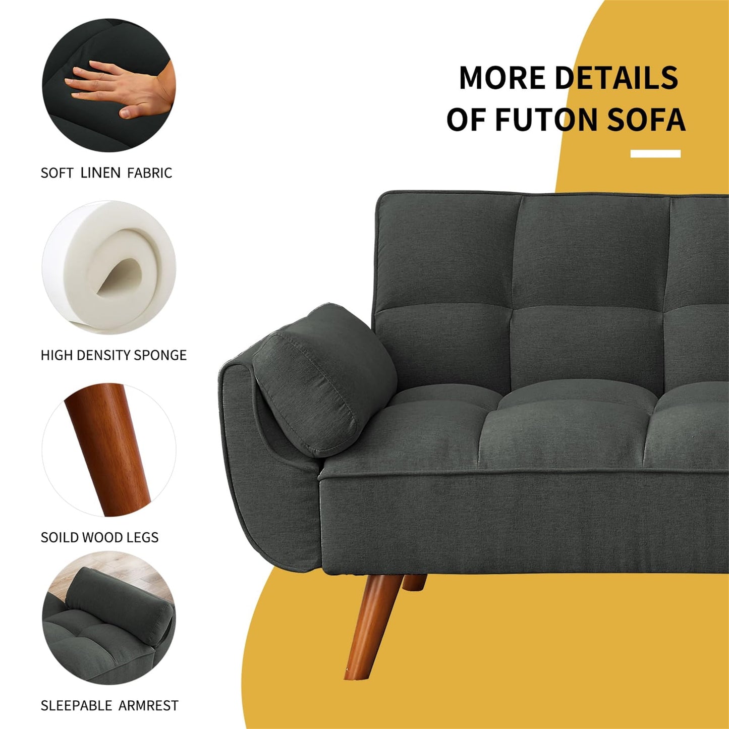 Aukfa 75in Flared Arm Futon Convertible Sofa Bed, Curved Sleeper Sofa for Home Office, Dark Gray