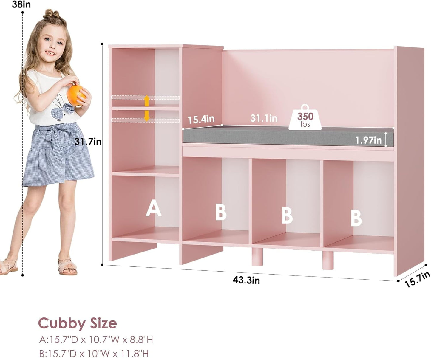 HOUSUIT 43.3in Kids Reading Nook Bench, Nursery Bookshelf and Bookcase with Seat Cushion, 6-Cubby Book Shelf Storage Organizer for Playroom, Bedroom, Living Room, Entryway, White