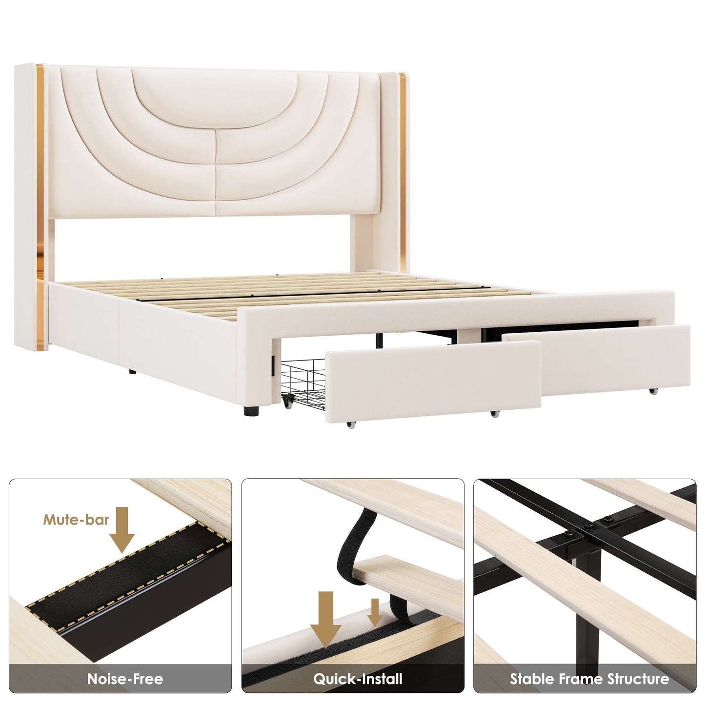 Homfa Queen Size Platform Bed Frame with Velvet Upholstered Headboard, LED Bed Frame with 2 Drawers, Off-white