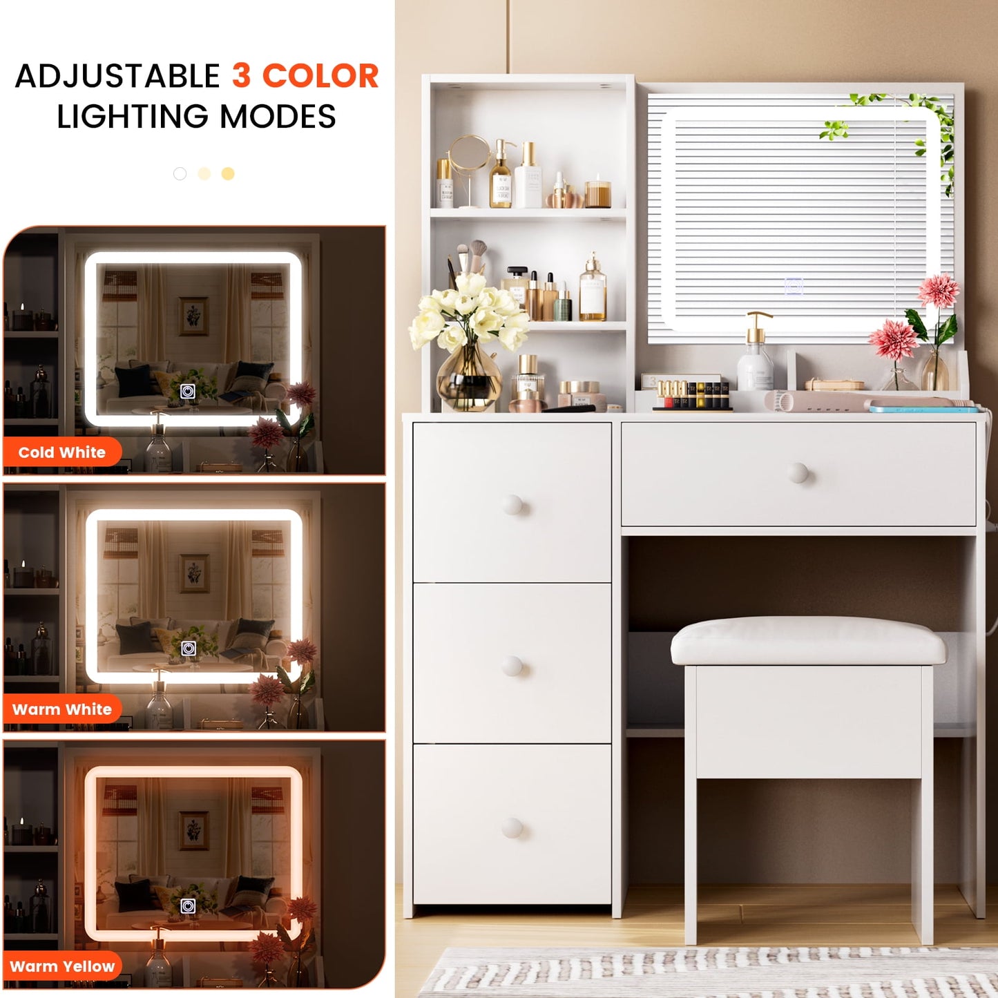 Gounni Vanity Set with Mirror & Power Outlet, Makeup Vanity Table Desk Chair Set for Bedroom, White