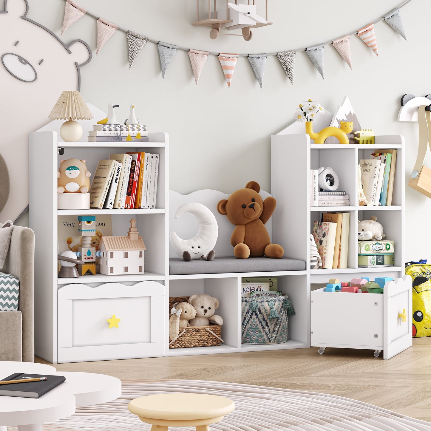 Homfa Kids Bookshelf with Reading Nook, Kids Storage Cabinet with 8 Cubby, 2 Wood Toy Bin for Nursery Kids Room, White