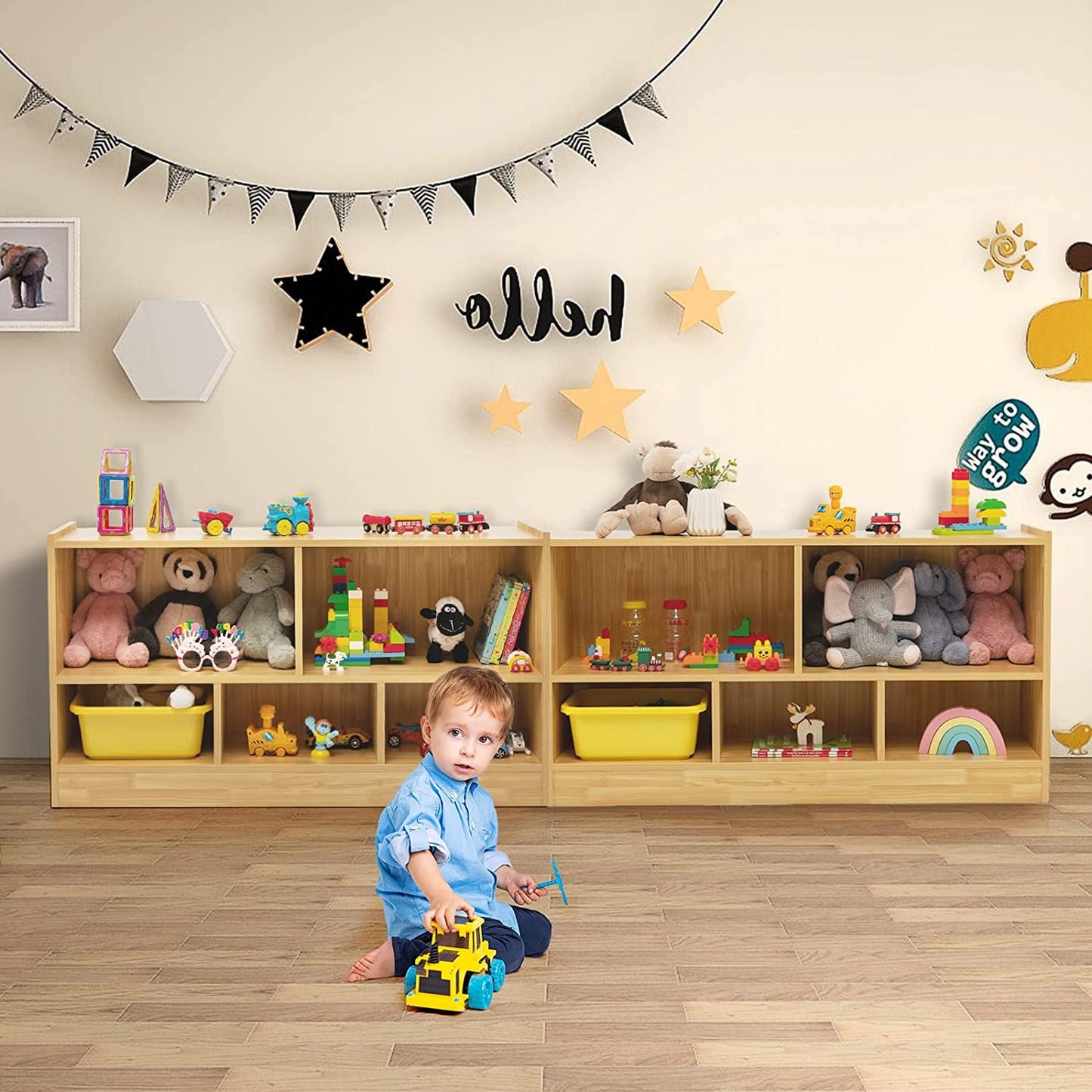 HONEY JOY Kids Toy Storage Organizer, 5-Section Storage Daycare Shelf for Preschool, Children 2-Tier Open Wooden Display Book Shelf Organizer for Classroom, Playroom & Nursery, Kindergarten(Dark Gray)