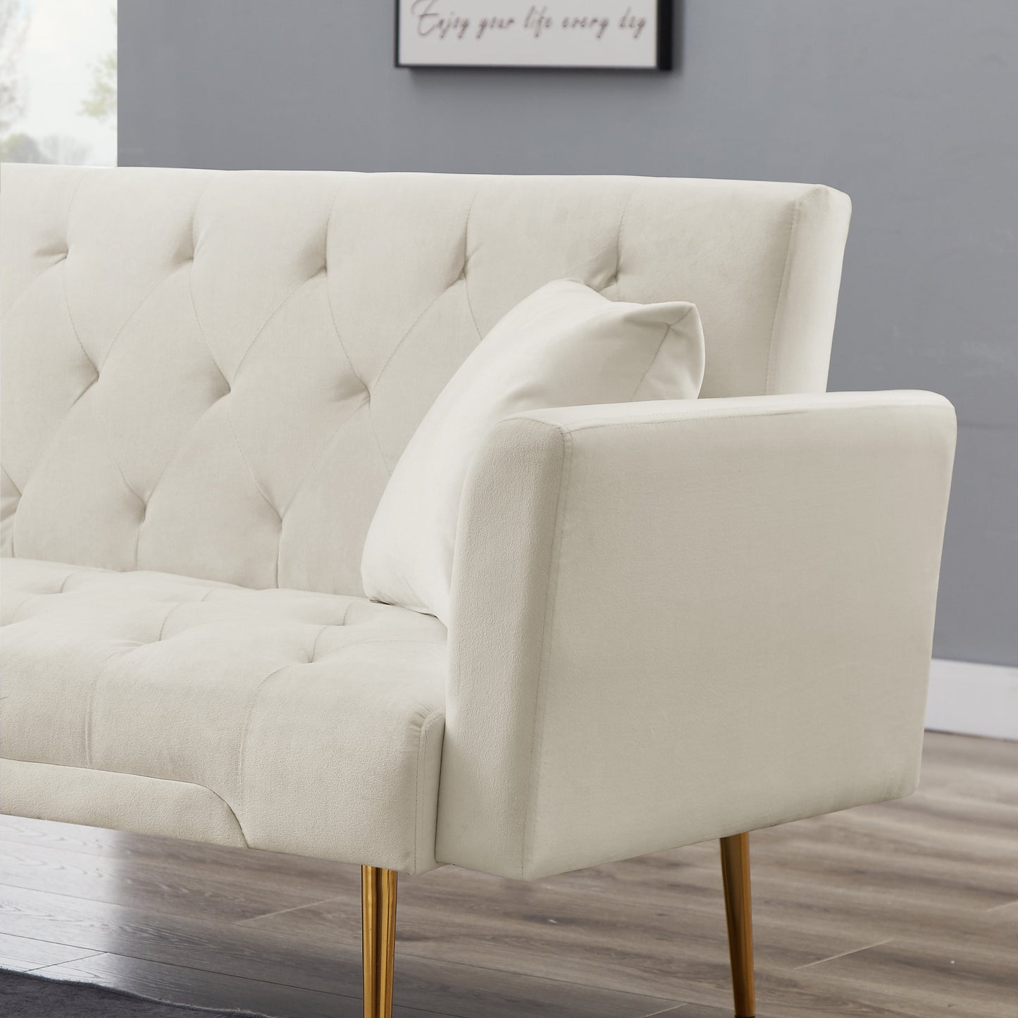 71 Inches Velvet Futon Sofa Bed with 2 Pillows,Modern Convertible Futon Couch with 3 Adjustable Backrest Angles and Gold Metal Feet,Suitable for Apartment,Living Room,Small Space,Gray