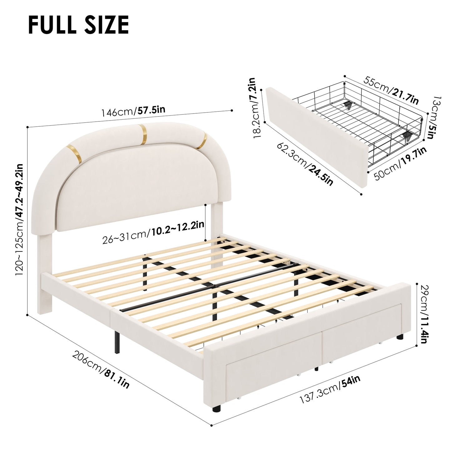 Homfa Full Kids LED Bed Frame, Modern Velvet Tufted Upholstered Platform Bed with 2 Storage Drawer for Bedroom, Beige