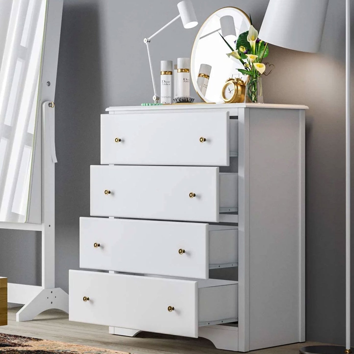 Homfa Modern, Vertical & Upright Dresser Chest, 4 Drawer Adult-Size Organizer, White