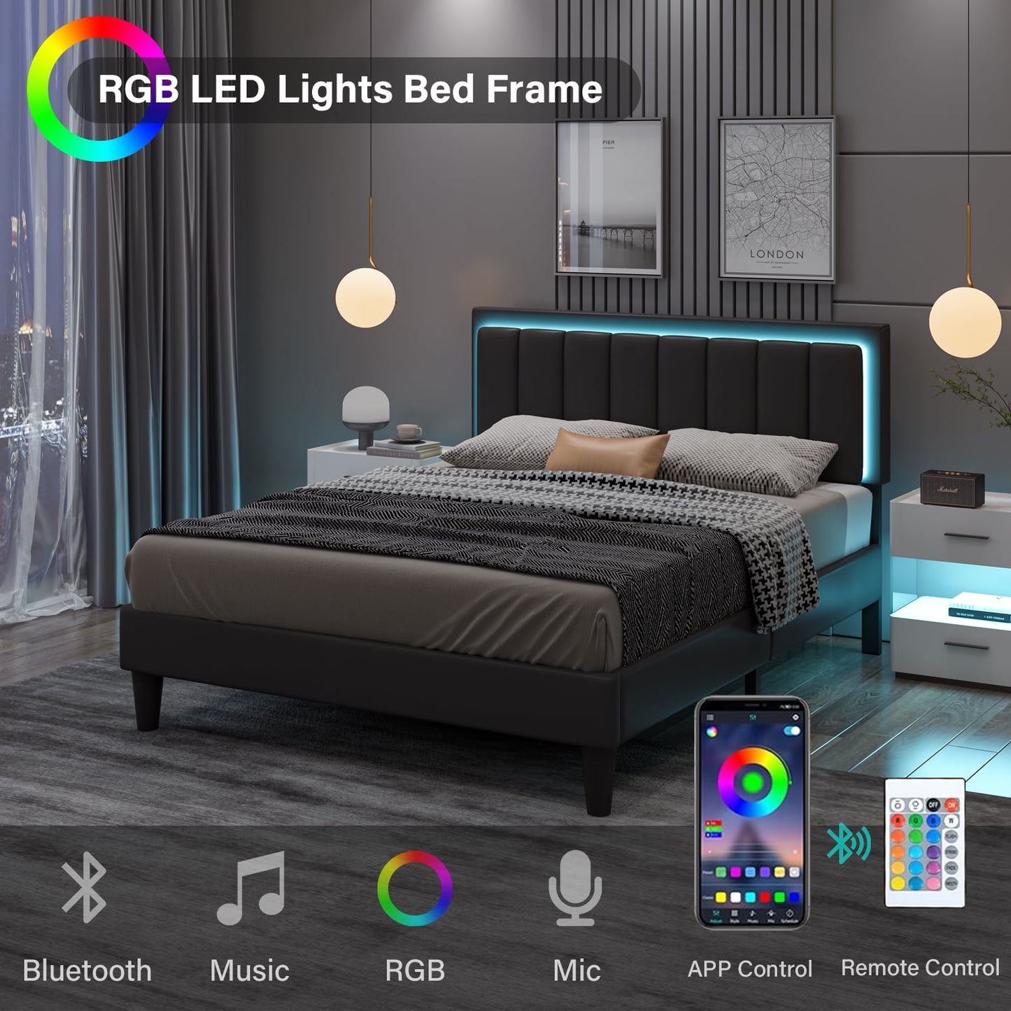 4 EVER WINNER Full Size LED Bed Frame, Black Full Bed Frame with LED Light Headboard, Black