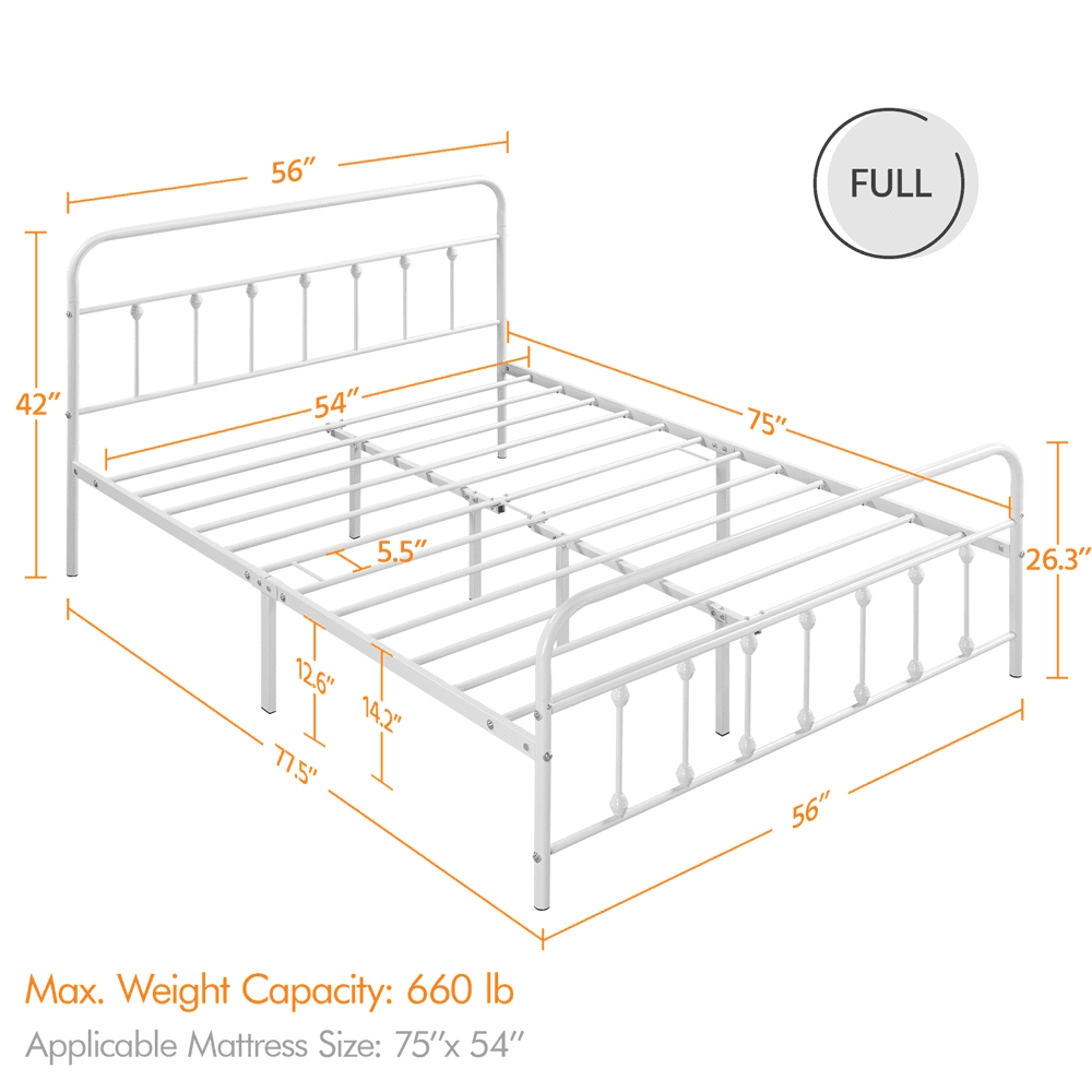 Alden Design Metal Platform Full Bed with High Headboard, White