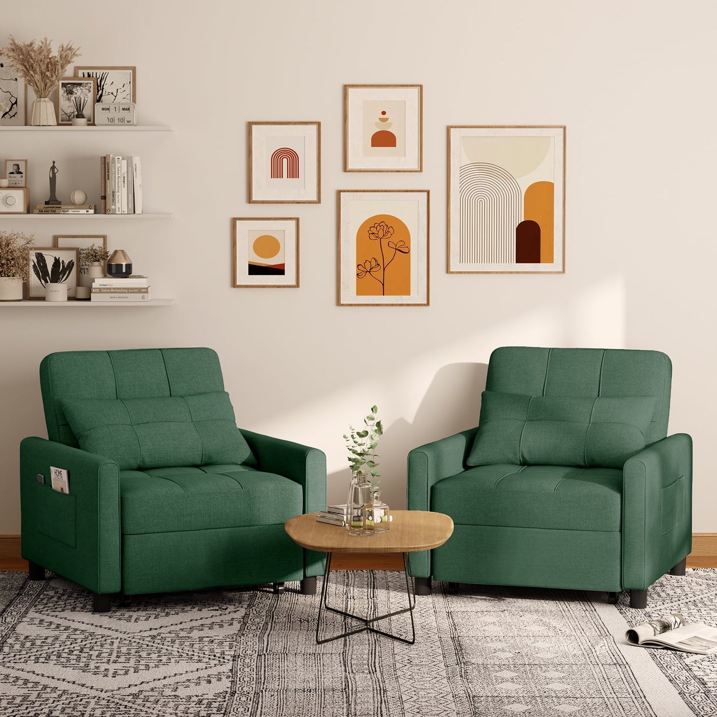 3 in 1 Convertible Chair Bed,Lofka Lounger Sleeper Chair Bed, Linen Sofa Bed Sleeper Armchair,Retro Green