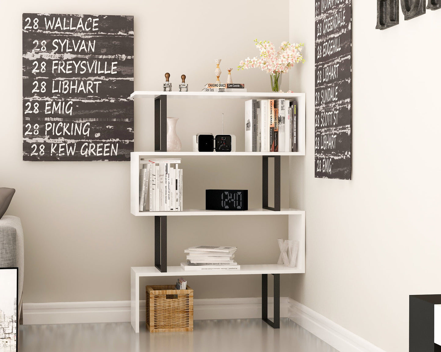 Adriana 49in Geometric 4 Shelf Bookcase, Veneer, White