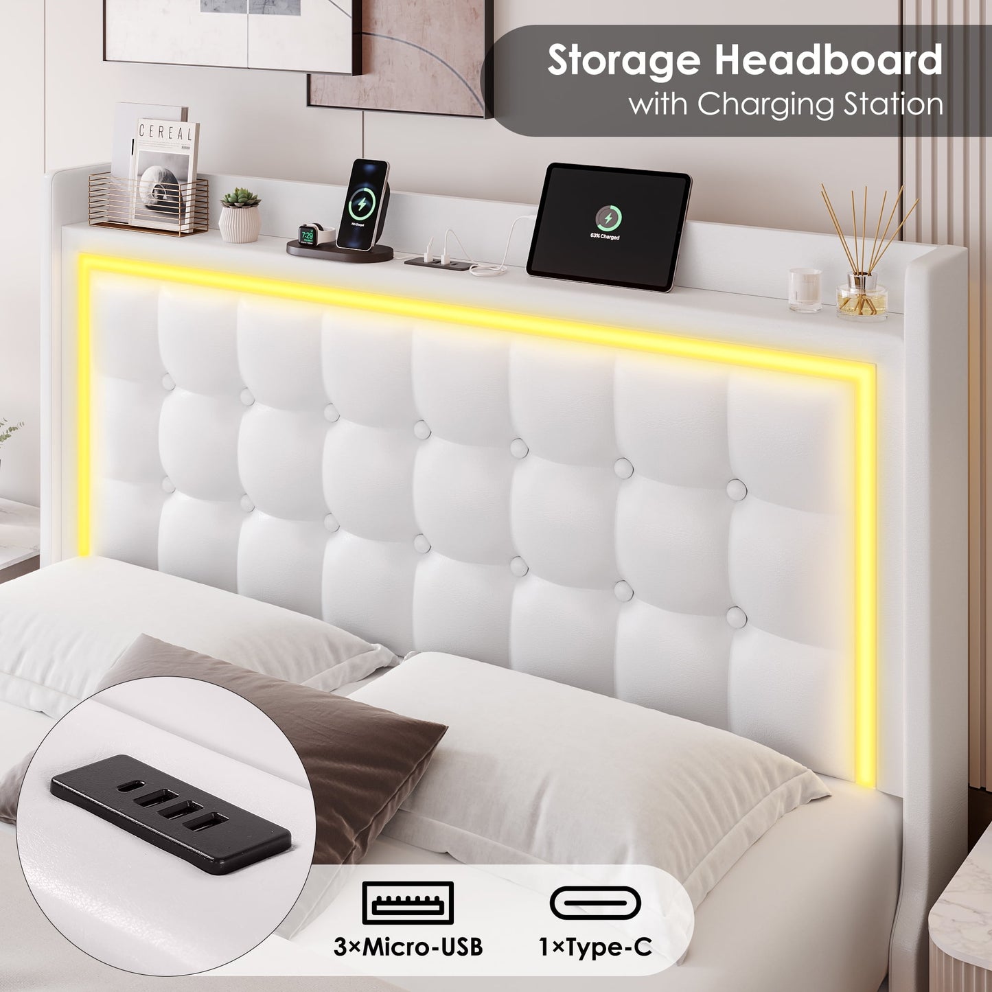 Homfa Queen Size Floating Bed with LED Lights & Charging Station, Modern PU Upholstered Platform Bed Frame Bed with Storage Headboard, White
