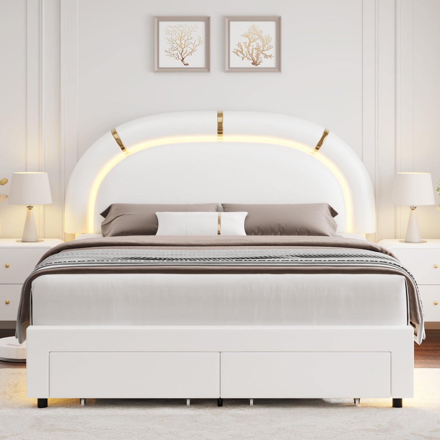 Homfa LED Bed Frame with Storage Drawer for Bedroom, Modern Full Size White Faux Leather Bed with Adjustable Headboard Sturdy Base