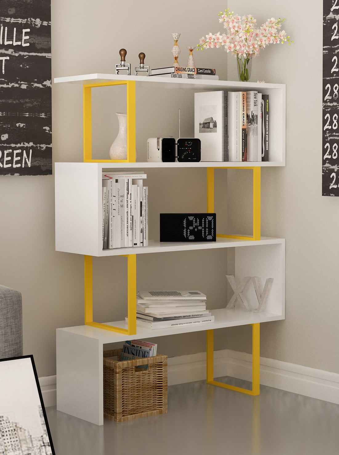 Adriana 49in 4 Shelf Geometric Bookcase,Yellow