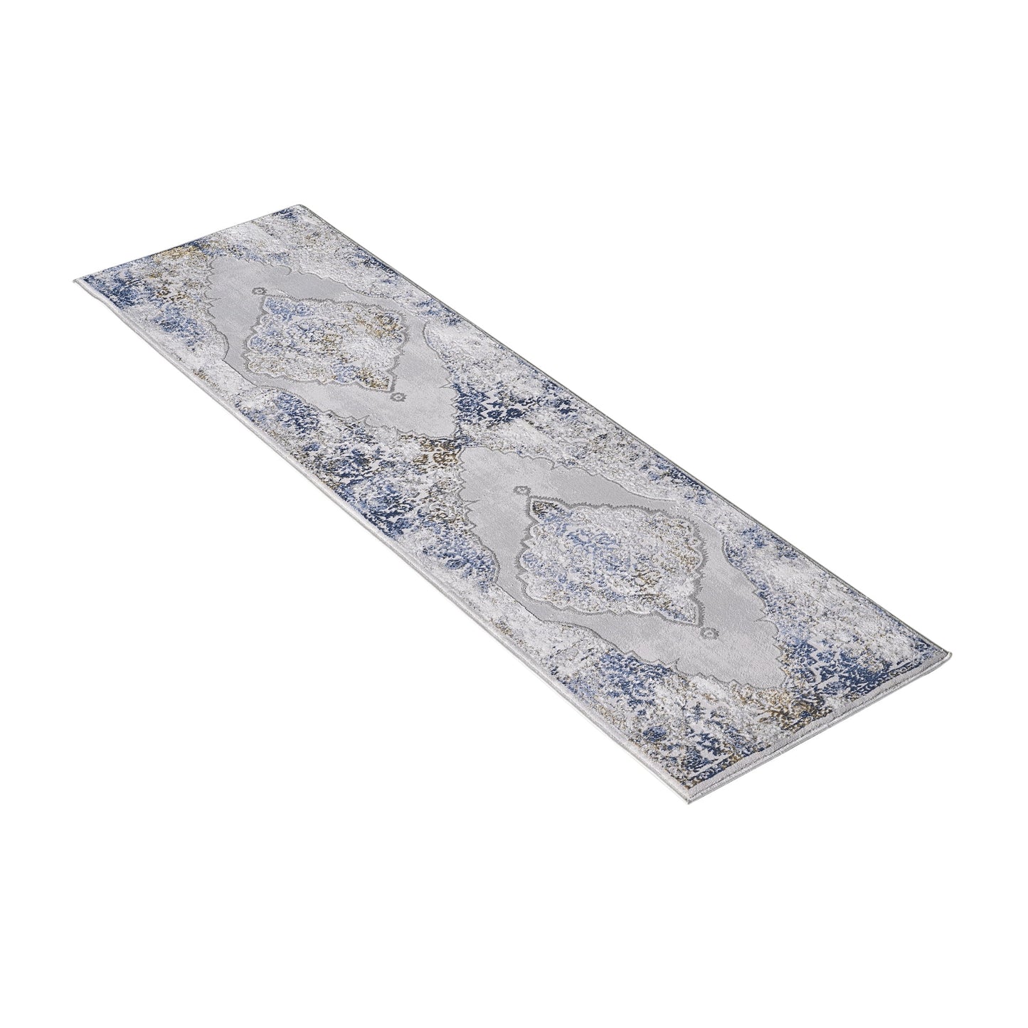 Allstar Rugs 2' 0in x 6' 11in Gainsboro Grey Traditional Persian Themed Polyester Runner with a Blue Bijar Design and Gold Accents. Machine-Made in Turkey.