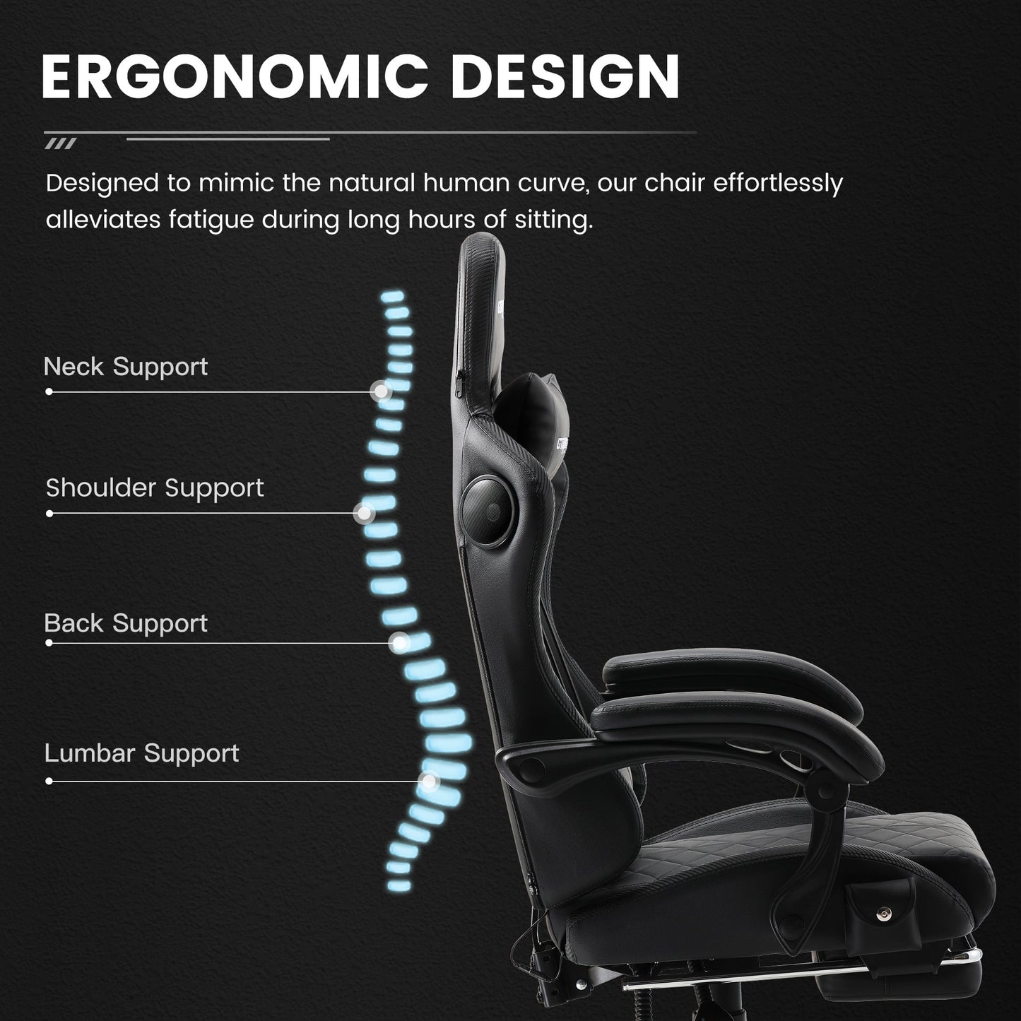GTRACING GTW-100: Ultimate Reclining Gaming Chair with Bluetooth Sound, Adjustable Pillows, and Footrest, Black