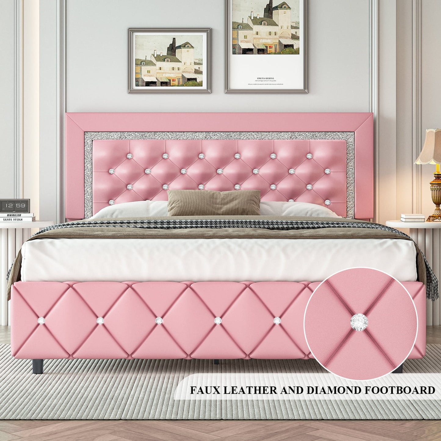 4 EVER WINNER King Size Bed Frame with Headboard, Pink Upholstered Platform Bed Frame, Diamond Tufted Headboard & Footboard, Pink