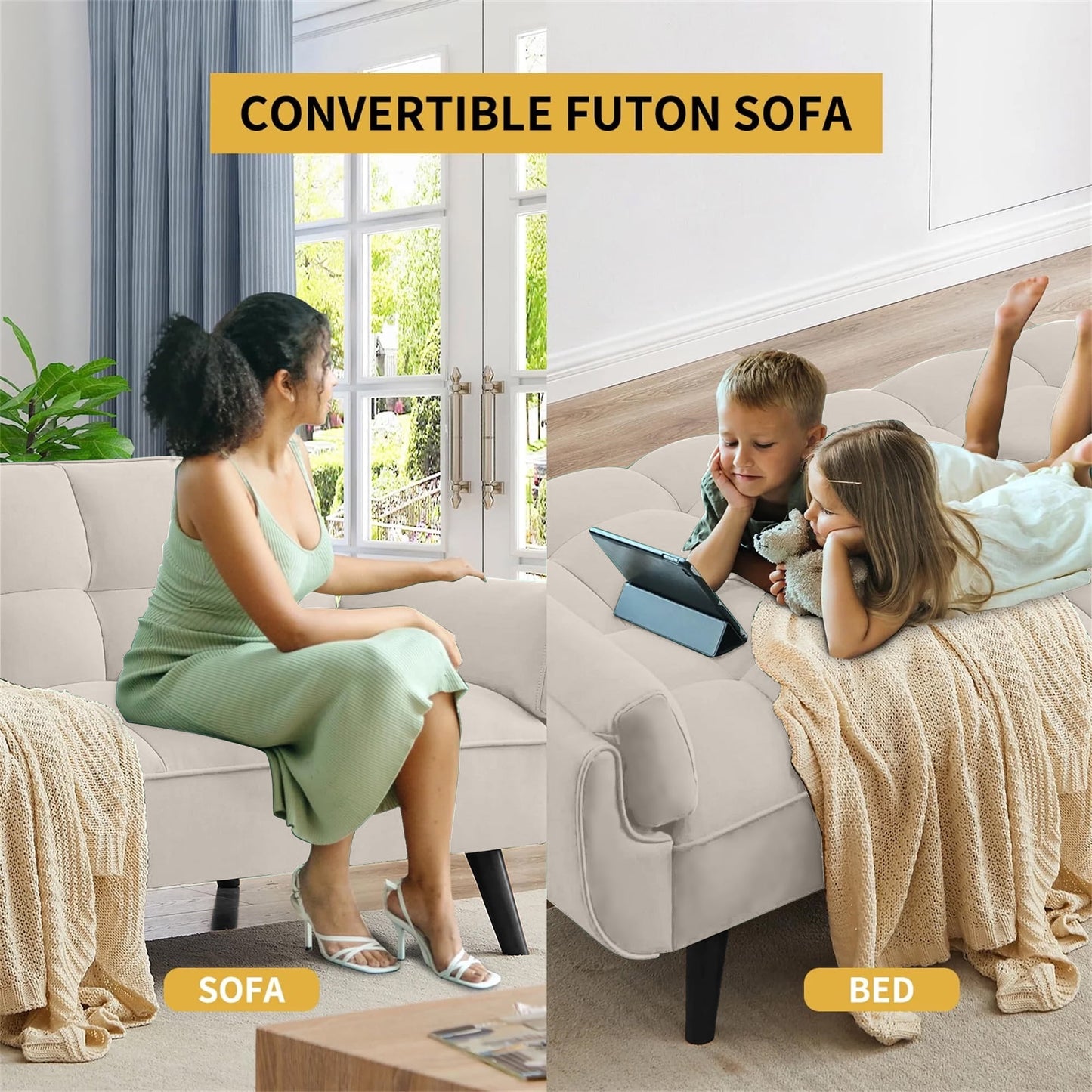 Aukfa 74in Flared Arm Futon Convertible Sofa Bed, Curved Sleeper Sofa for Home Office, Velvet, Beige