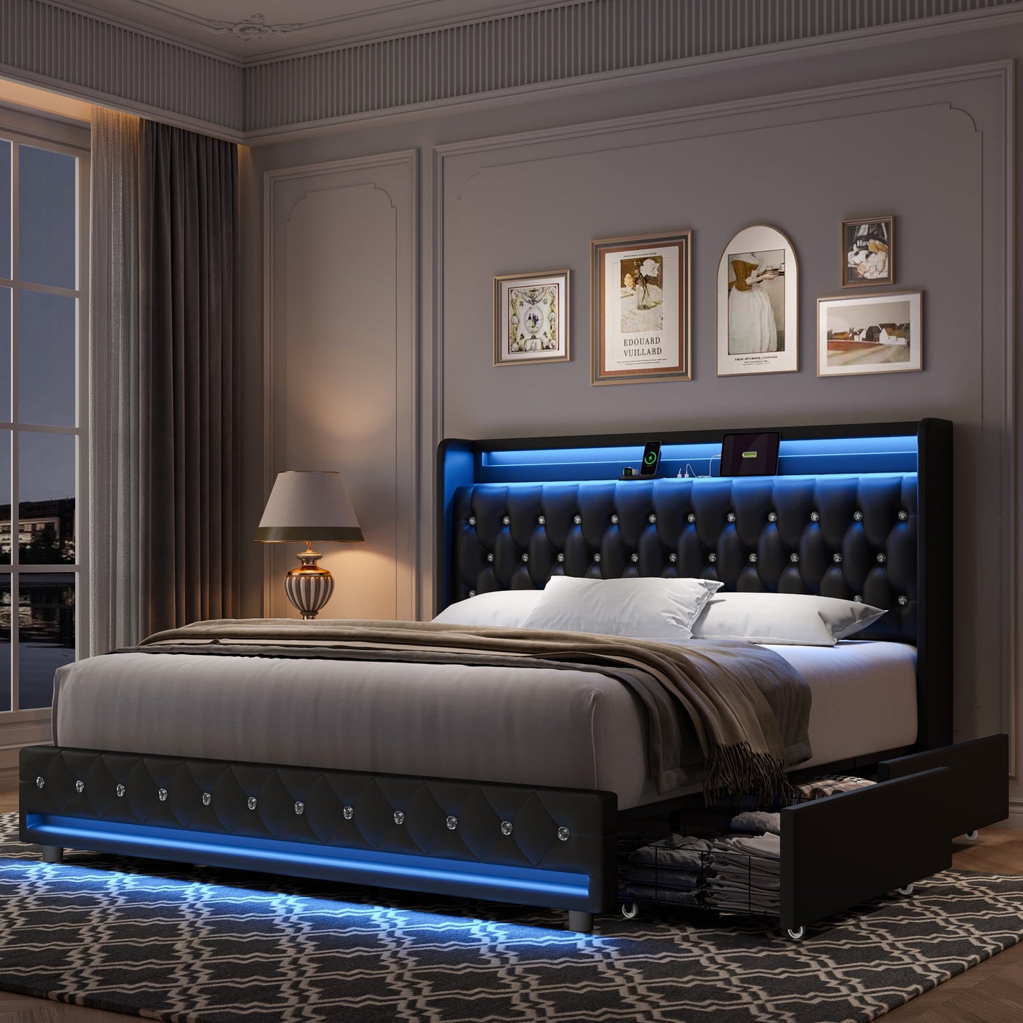 Homfa Full Size LED Bed Frame with 4 Storage Drawers, Modern PU Leather Crystal Button Upholstered Platform Bed Frame with Outlets and USB Ports & Display Platform, Black