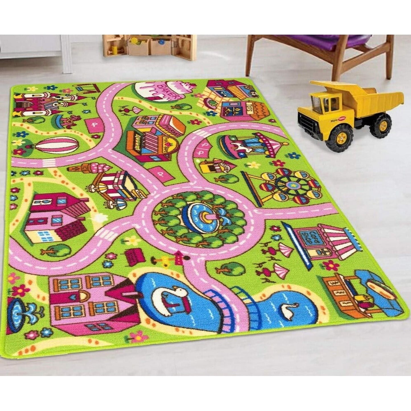 HR City Map Kids Car Road Rug - Non-Slip Play Mat for Classroom and Baby Room Pink, Green 5' x 7'