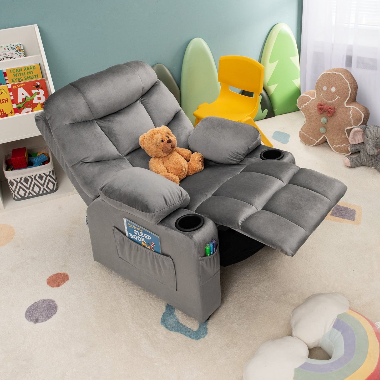 Infans Kids Youth Recliner Chair Velvet Fabric Armrest Sofa w/Cup Holder Grey