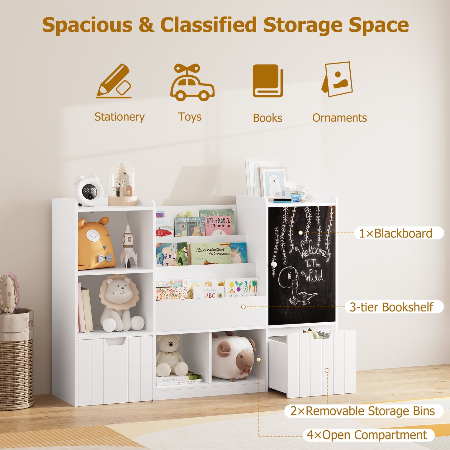 Homfa Kids Bookshelf with Blackboard, Nursery Bookcase with Cubby and Toy Bin for Kids Room, White