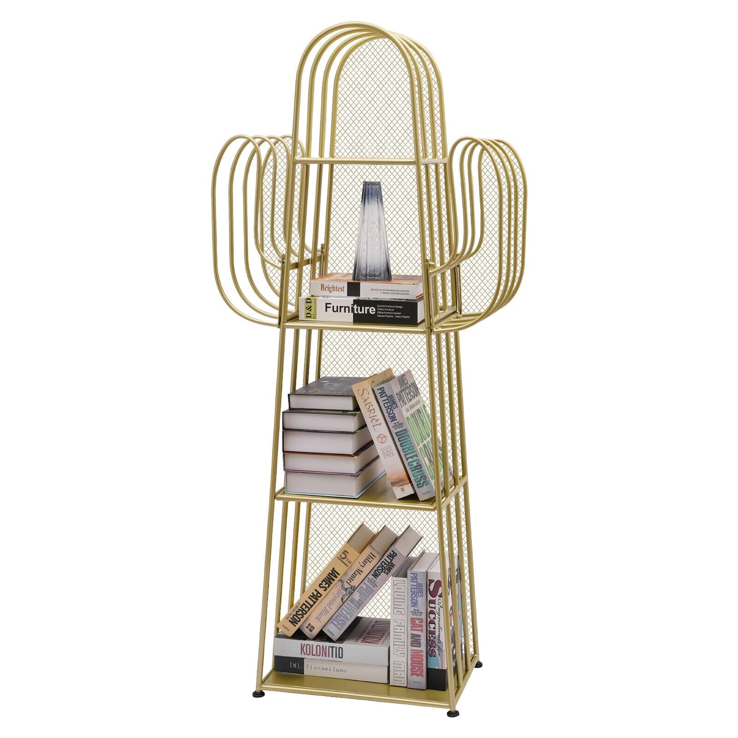 4 Tier Cactus Shape Bookcase, Iron Bookshelf Storage Rack Shelf, Living Room Sundry Shelf, Flower Stand with 8 Hooks, Bedroom Bookshelf for Kids & Adults