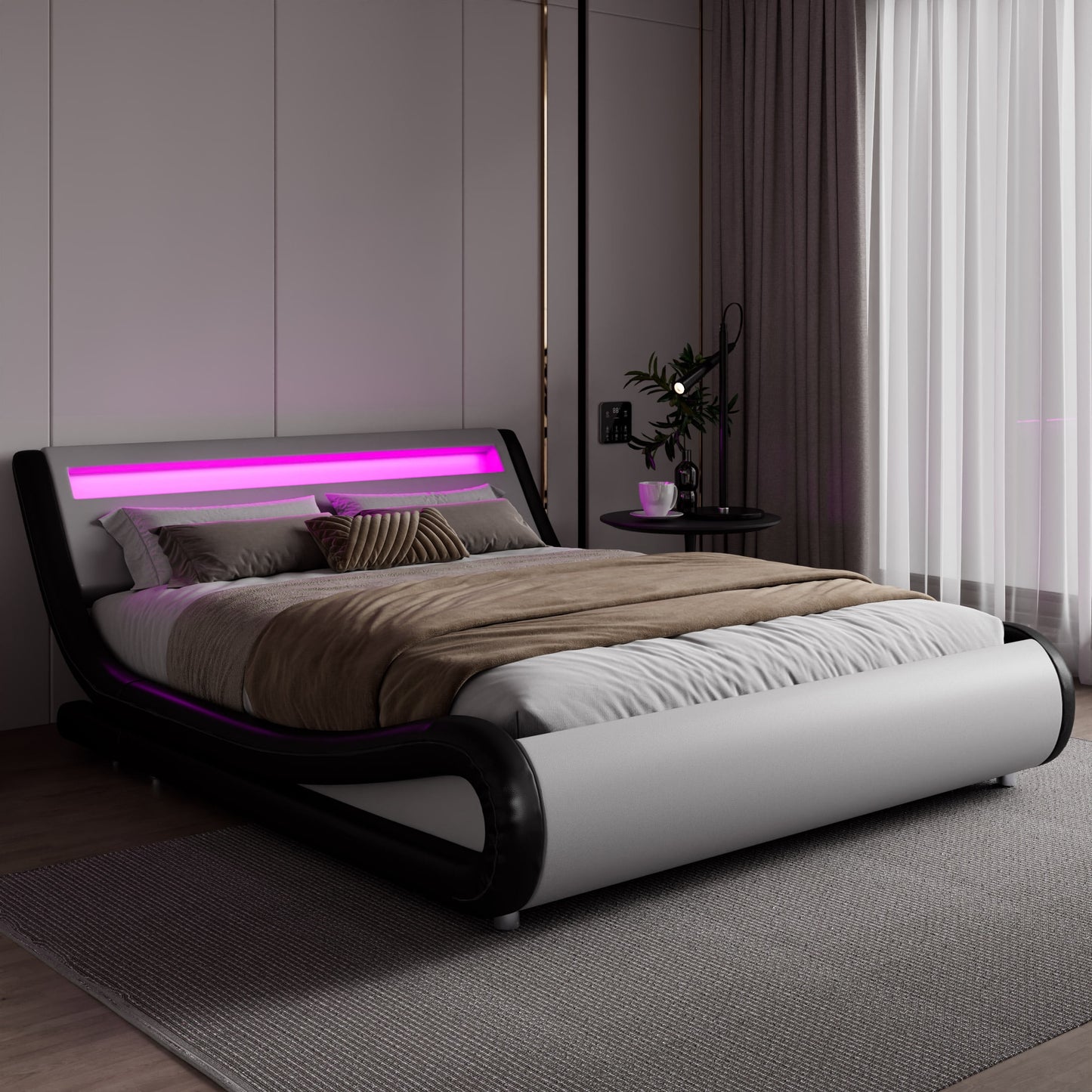 Amolife Full Size Wave-Like Curve Deluxe Upholstered Modern Bed Frame with LED Headboard, Black+White