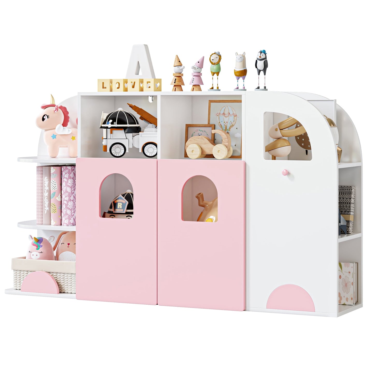 Homfa Multifunctional Kids Bookcase with Door, 6 Shelves & Toy Storage Cube, White and Pink
