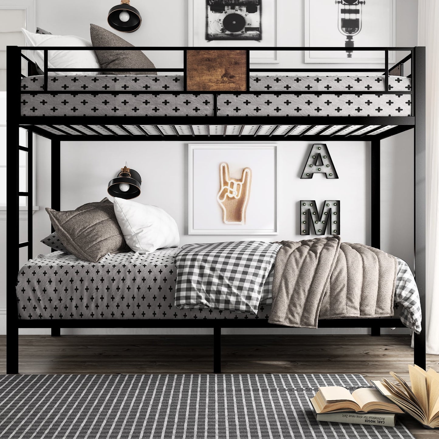 Amolife Metal Twin Bunk Bed Frame for Kids, Teenagers & Adults with Stairs, Full-Length Guardrail-Black