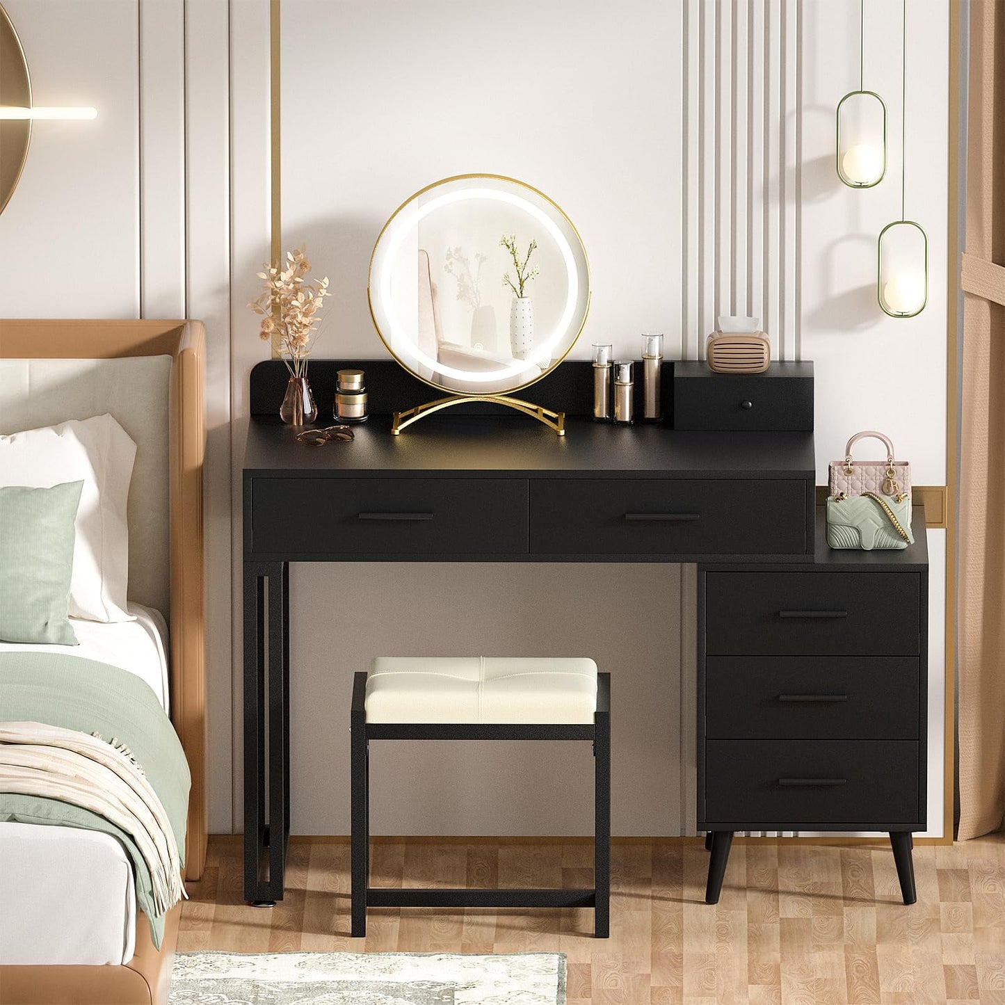 Homieasy Vanity Desk with Mirror and Lights, Modern Makeup Vanity Table Set with 6 Storage Drawers and Cushioned Stool for Bedroom, Dressing Table with Divided Organizers for Women, Black
