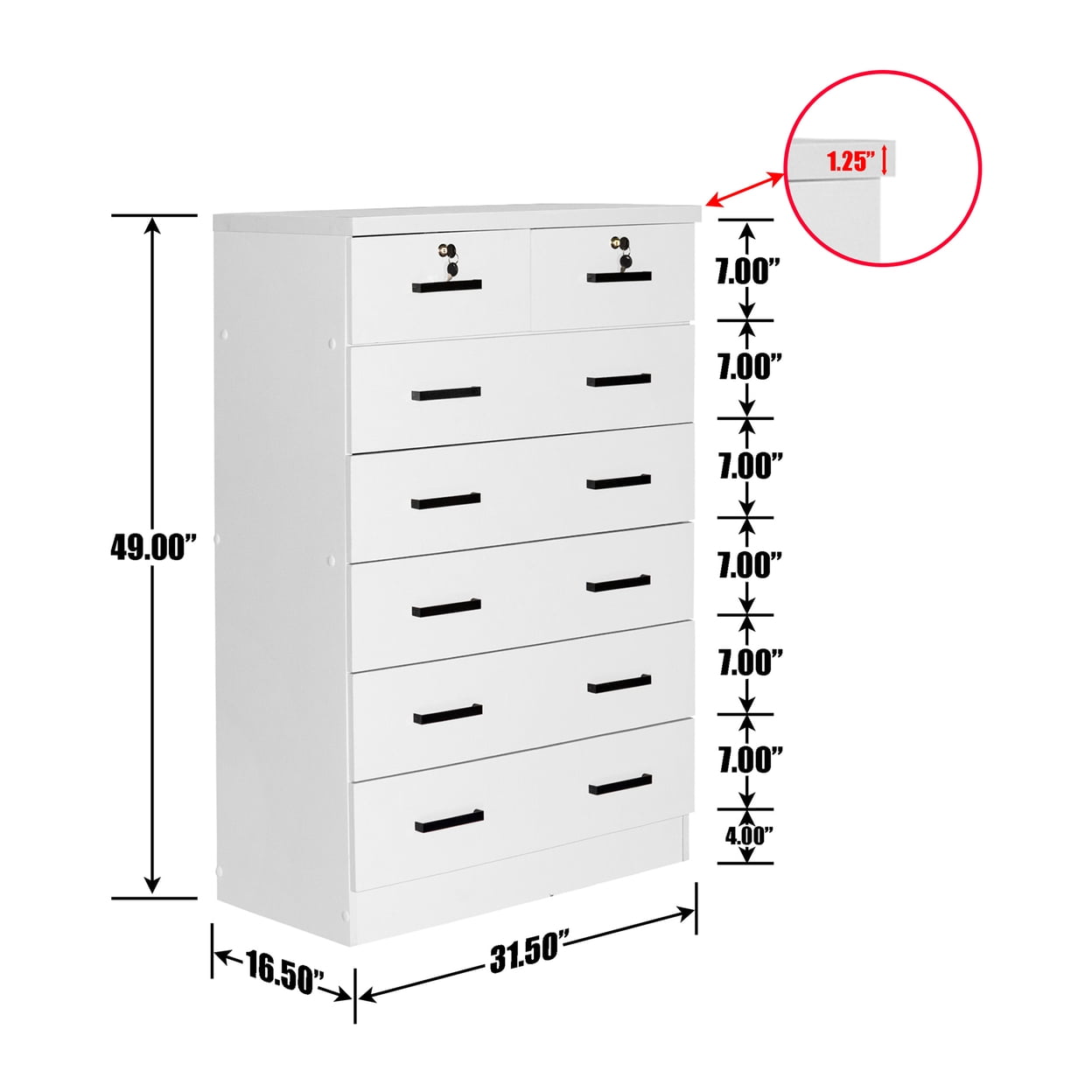 Home Furniture Cindy 7 Drawer Chest Wooden Dresser with Lock - White