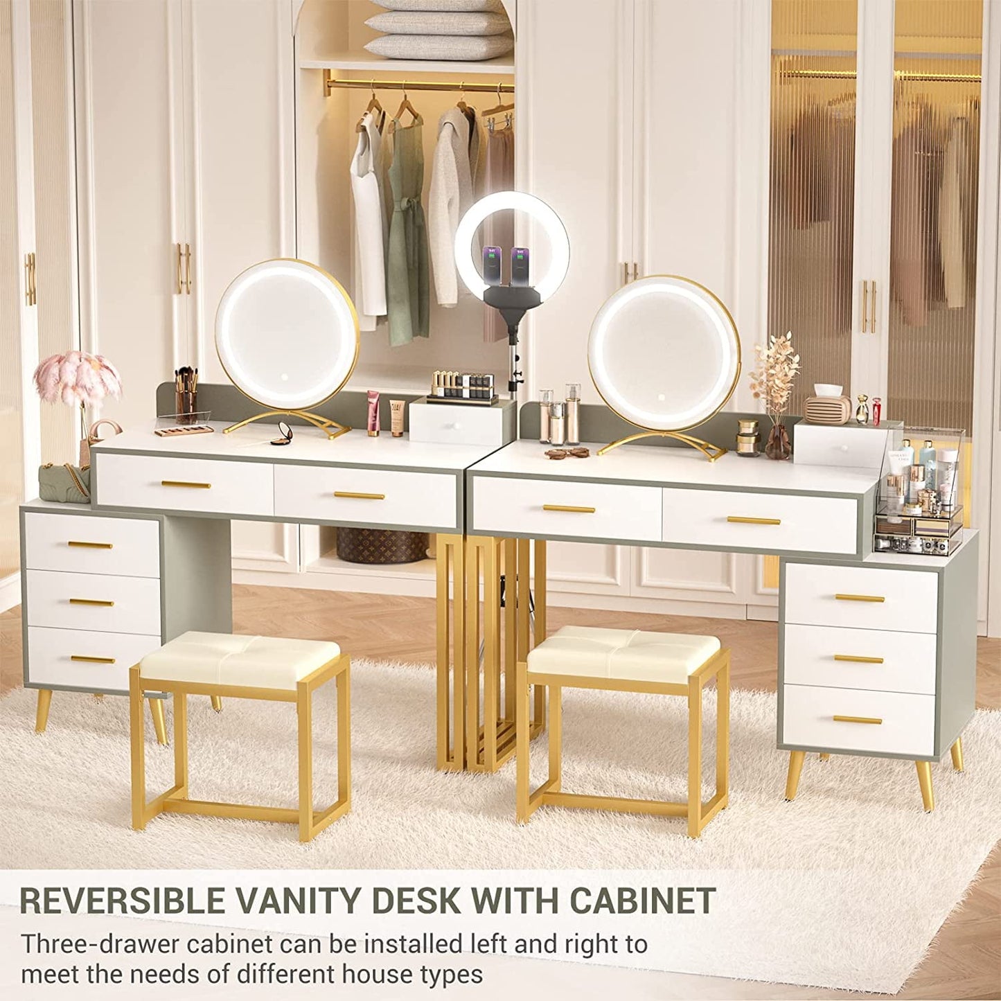 Homieasy Vanity Desk with LED Lighted Mirror, 44in Reversible Makeup Desk with 6 Drawers, Vanity Table Set with Soft Stool, Dressing Table with 3 Color Lighting Options for Women, White and Cyan