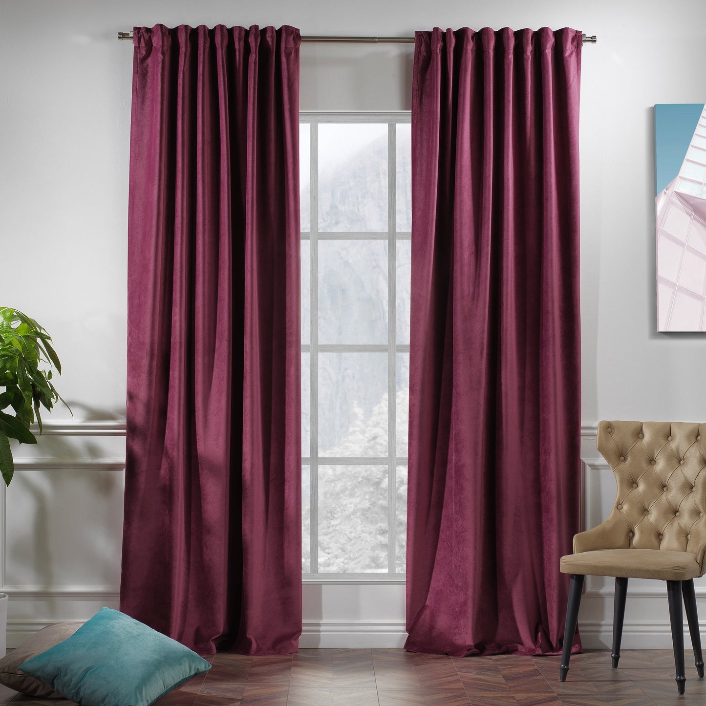 3S Brother's Solid Luxury Matte Velvet Soft Curtains Set of 2 Panels Hanging Back Tap & Rod Pocket Home D¨¦cor Bedroom Kitchen Office Windows Room Darkering ( Admiral-Berry-52in x120in )