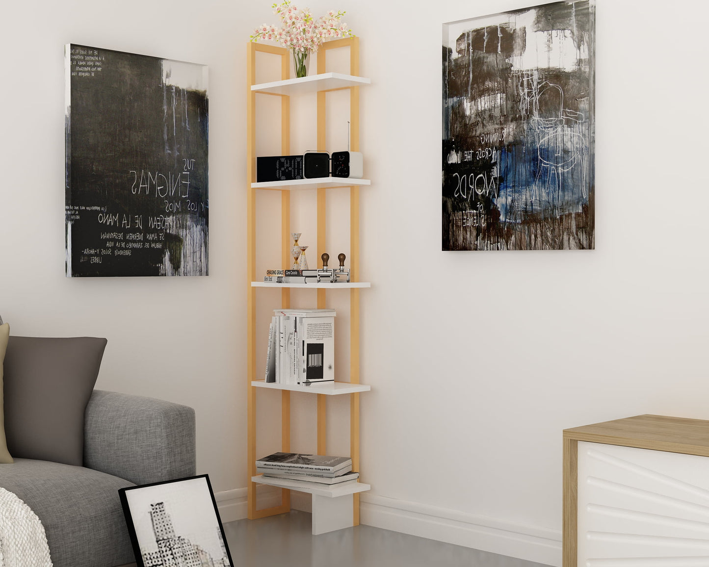 Alice 71in 5-Shelf Corner Bookcase, White Gold