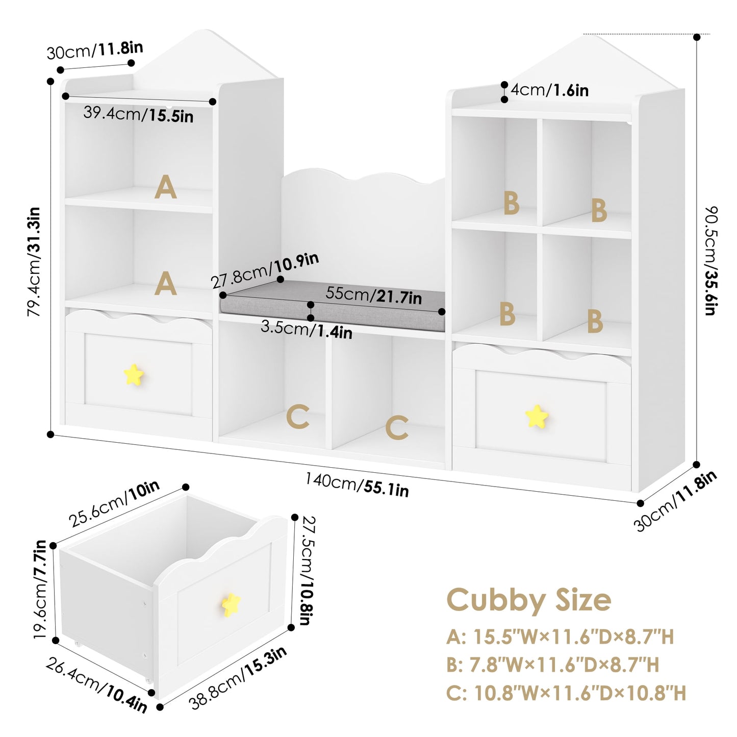 Homfa Kids Bookshelf with Reading Nook, Kids Storage Cabinet with 8 Cubby, 2 Wood Toy Bin for Nursery Kids Room, White