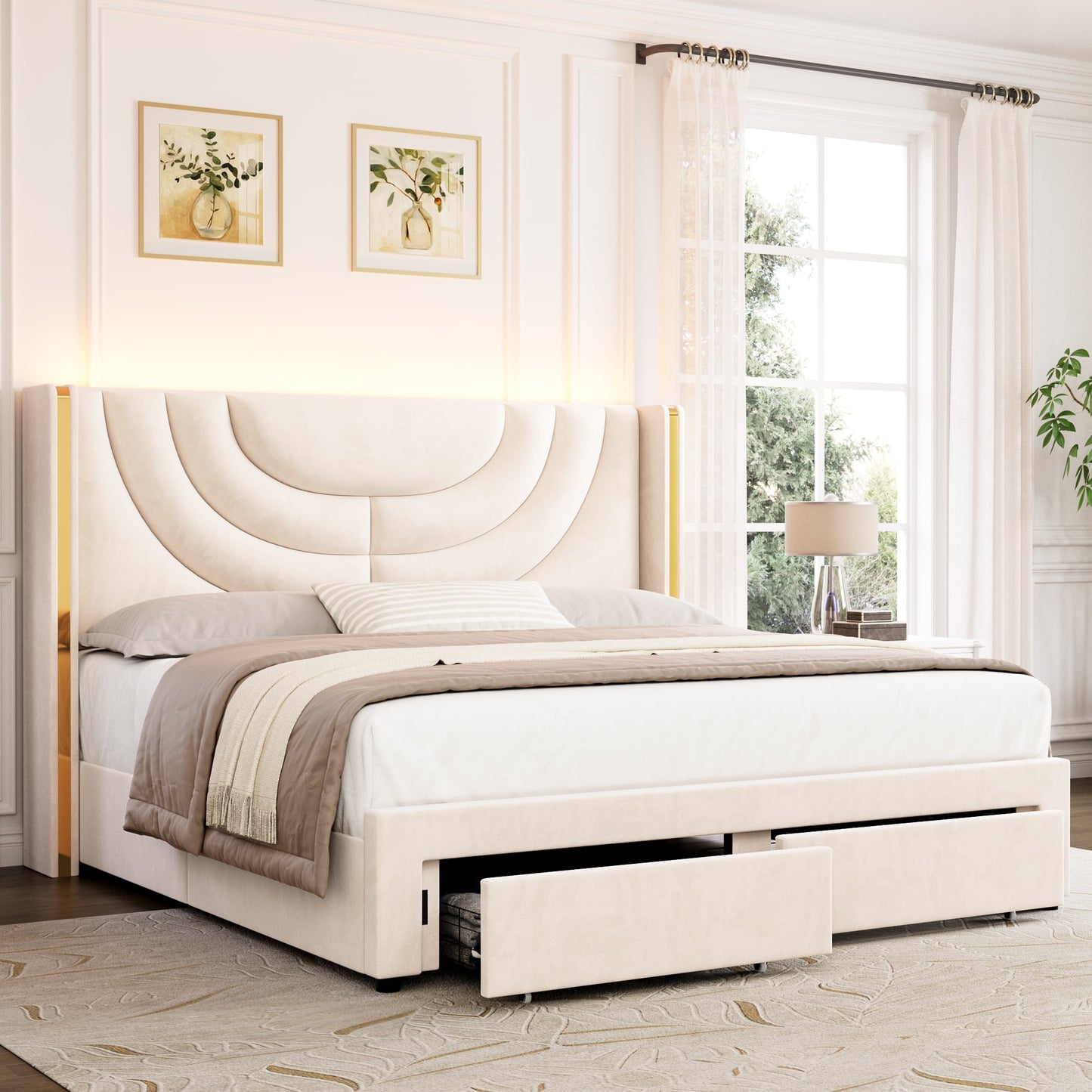 Homfa Queen Size Platform Bed Frame with Velvet Upholstered Headboard, LED Bed Frame with 2 Drawers, Off-white