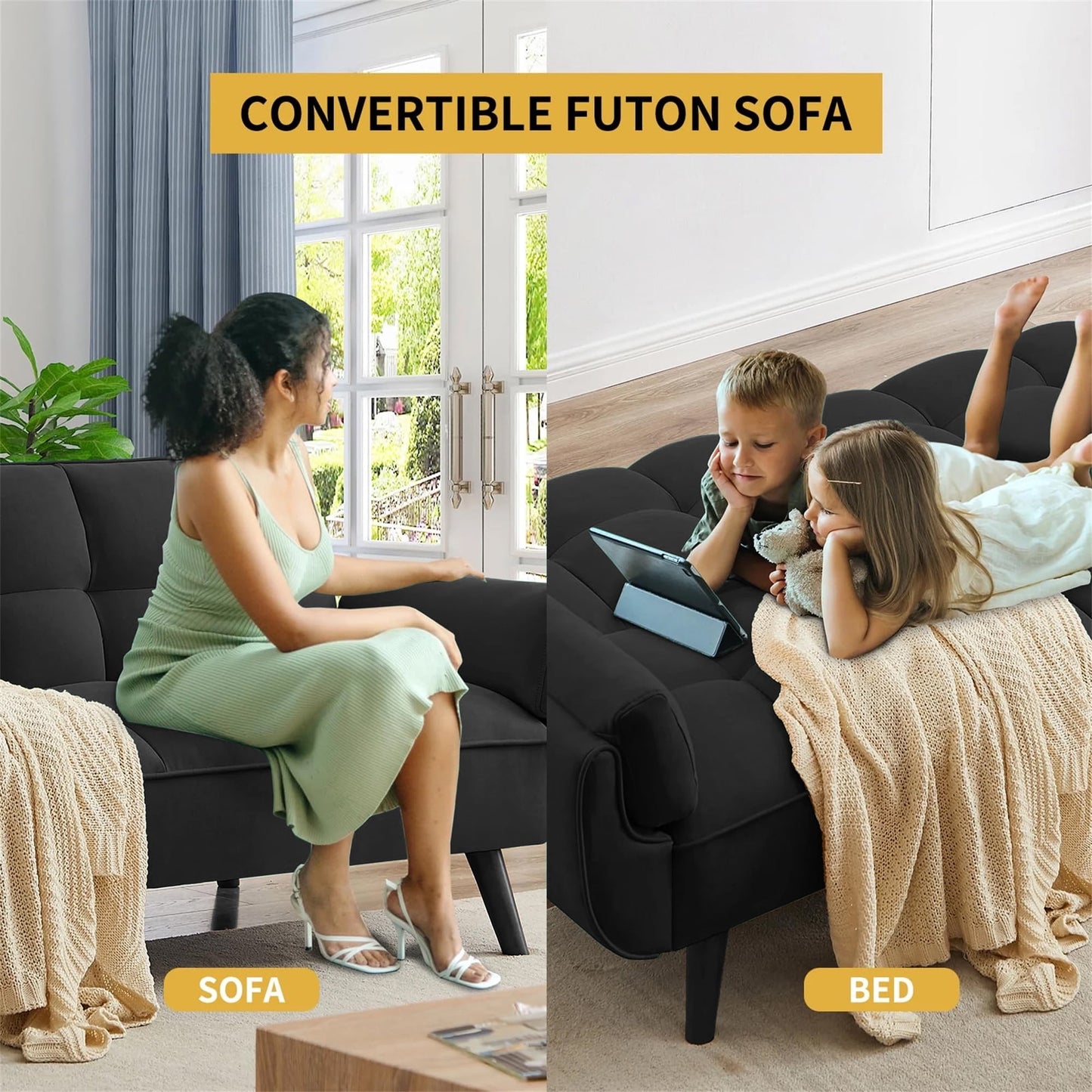 Aukfa 74in Flared Arm Futon Convertible Sofa Bed, Curved Sleeper Sofa for Home Office, Velvet, Black