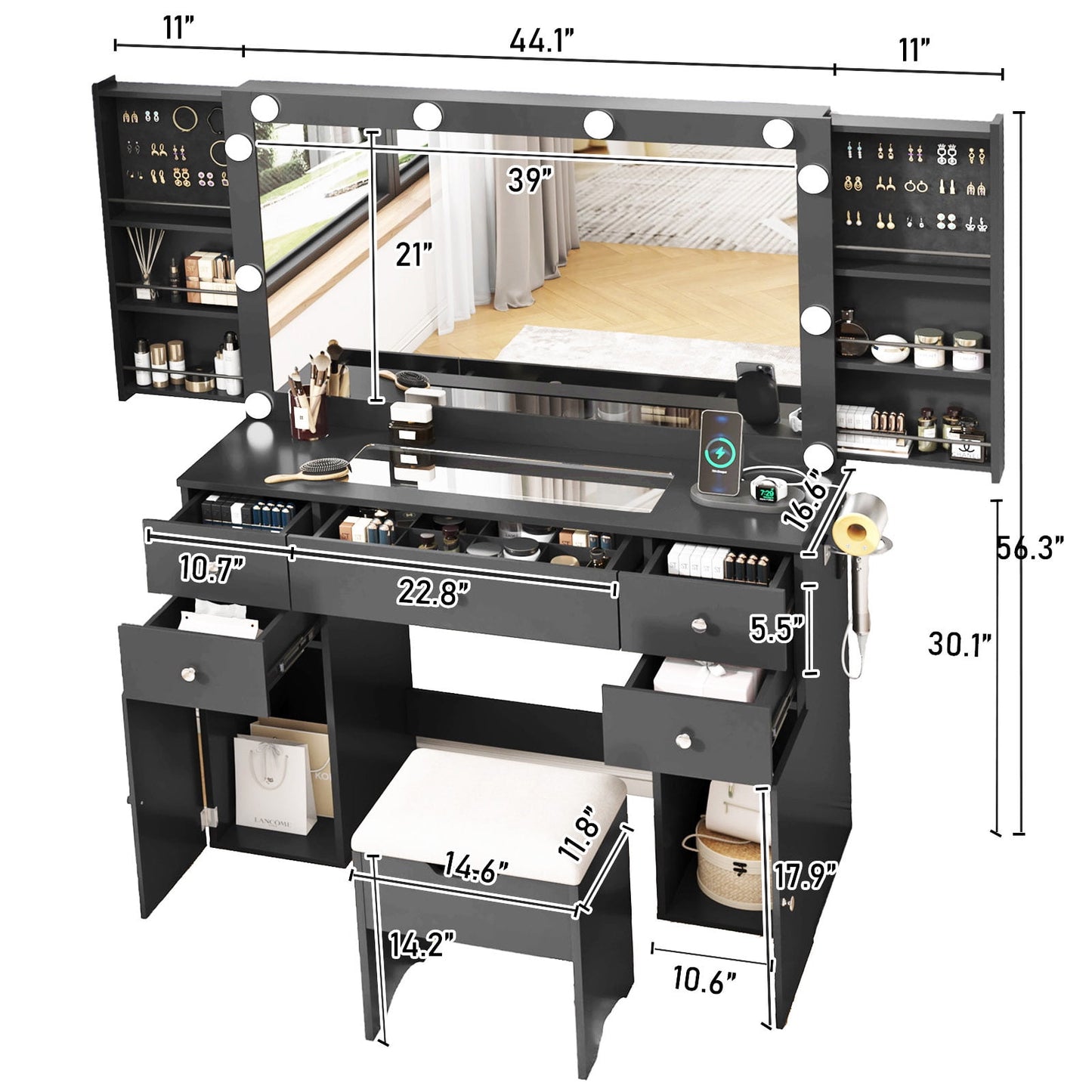 Large Lighted Mirror Vanity Desk with Sliding Storage & Glass Top & 5 Drawers, Makeup Vanity Set with Charging Station, Cushioned Storage Stool