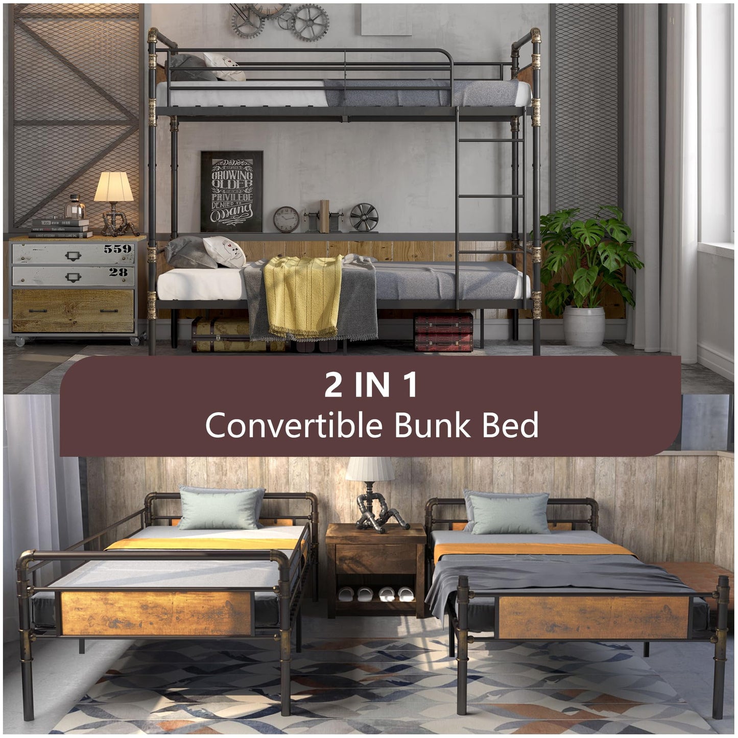 Alohappy Twin Over Twin Bunk Bed, Convertible Twin Bunk Beds Into 2 Individual Bed, Removable Ladder & Safety Guard Rail for Kids, Modern Industrial Style, Easy Assembly, No Box Spring Needed (Brown)