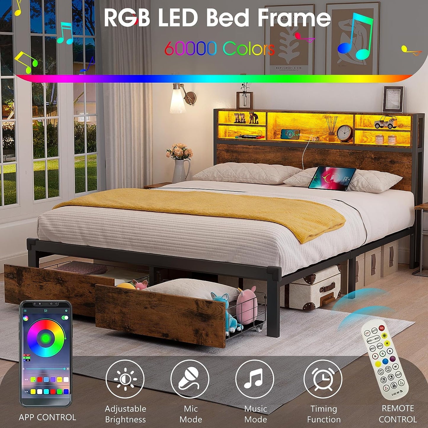 Alohappy Full Size Bed Frame with Storage Headboard and Drawers, Metal Platform Bed Frame RGB Led Lights and with Charging Station, No Nosie No Box Spring Needed
