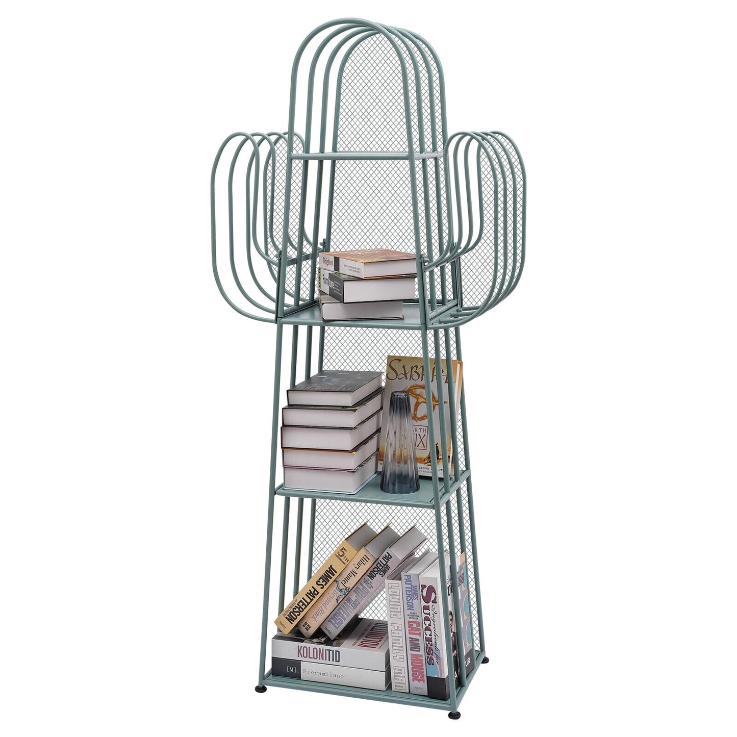 4 Tier Cactus Shape Bookcase, Iron Bookshelf Storage Rack Shelf, Living Room Sundry Shelf, Flower Stand with 8 Hooks, Bedroom Bookshelf for Kids & Adults