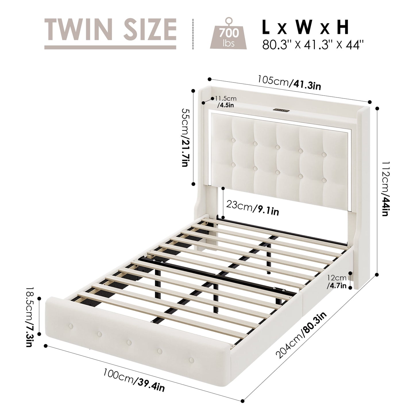 Homfa Velvet Upholstered Twin Size Floating Bed Frame with RGB Lights, USB Charger, & Storage Headboard, Off-White