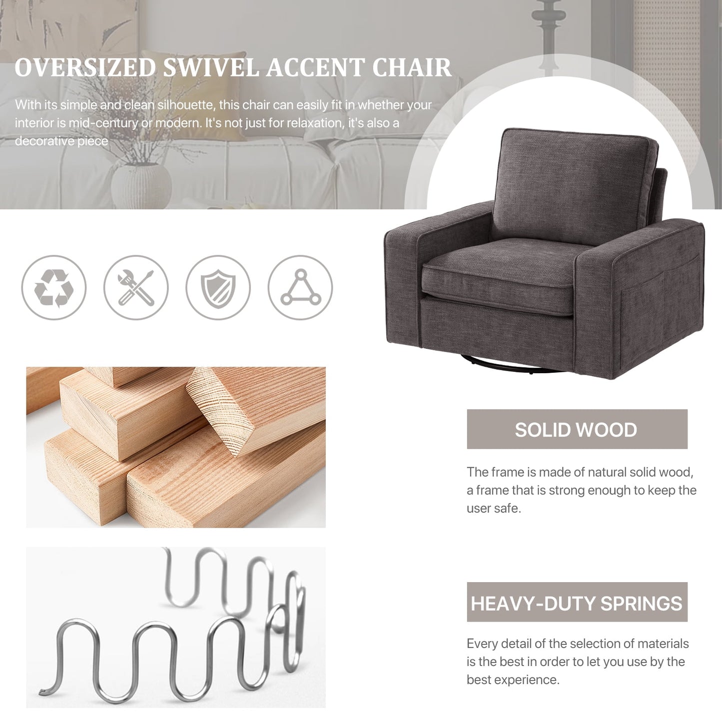 INGALIK Swivel Accent Chair, 40.2in W Oversize Chenille Accent Armchair with Storage Bag, Modern Comfortable Chair for Living Room, Bedroom, Dark Gray