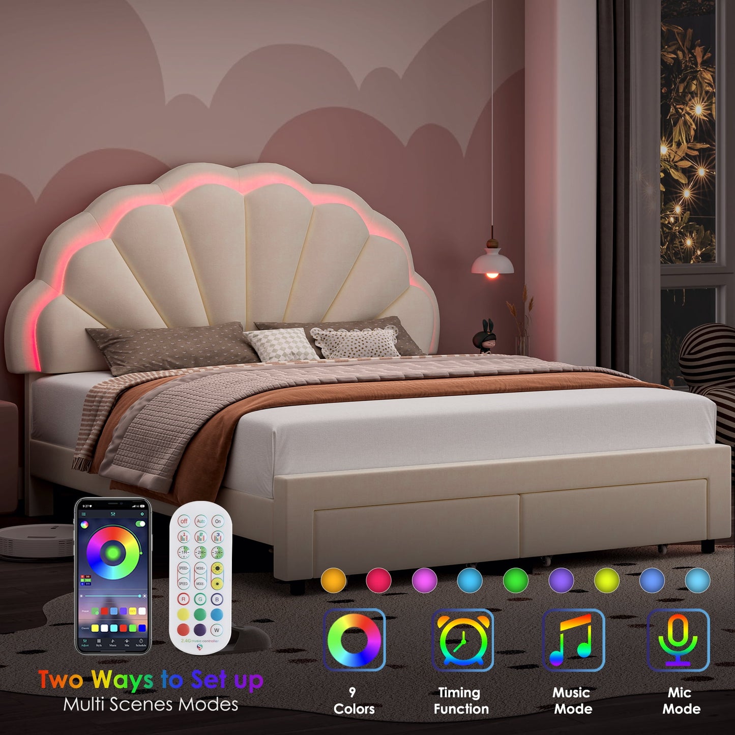 Homfa Queen Size LED Bed Frame with Drawer, Velvet Upholstered Platform Bed with Adjustable Petal Headboard for Kid, Beige