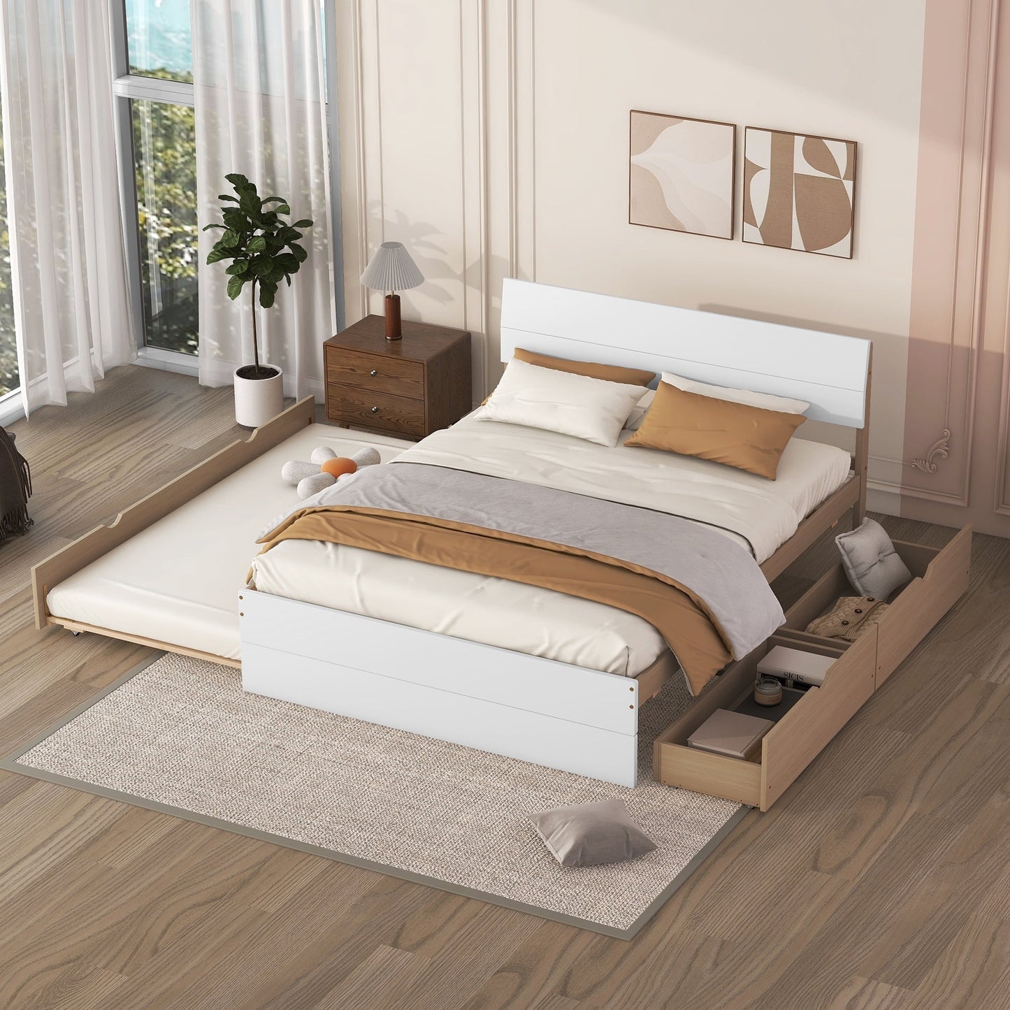 LegaHome Full Bed with Trundle and Storage Drawers, Modern Full Size Solid Wood Platform Bed Frame with Headboard and Trundle Included, No Box Spring Needed, White&Oak